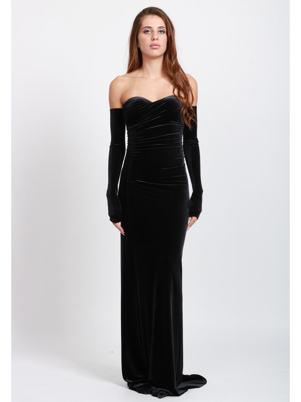 AMAZUIN Vestito Julien Lungo a Fascia in Velluto Nero con Manicotti Nero
