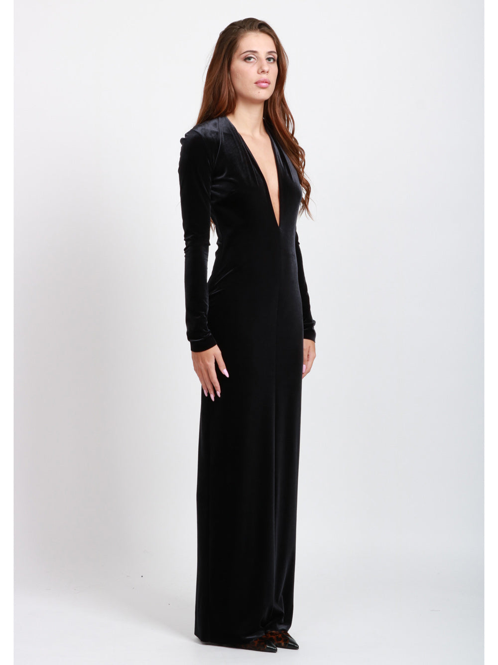 AMAZUIN Vestito Lara Lungo in Velluto Nero Nero