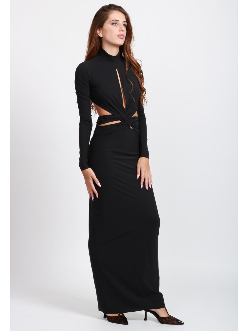 AMAZUIN Vestito Leonie Lungo Nero con Cut Out e Scollo a Goccia Nero