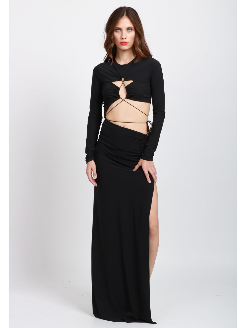 AMAZUIN Vestito Maggie Lungo Nero con Cut Out e Spacco Nero