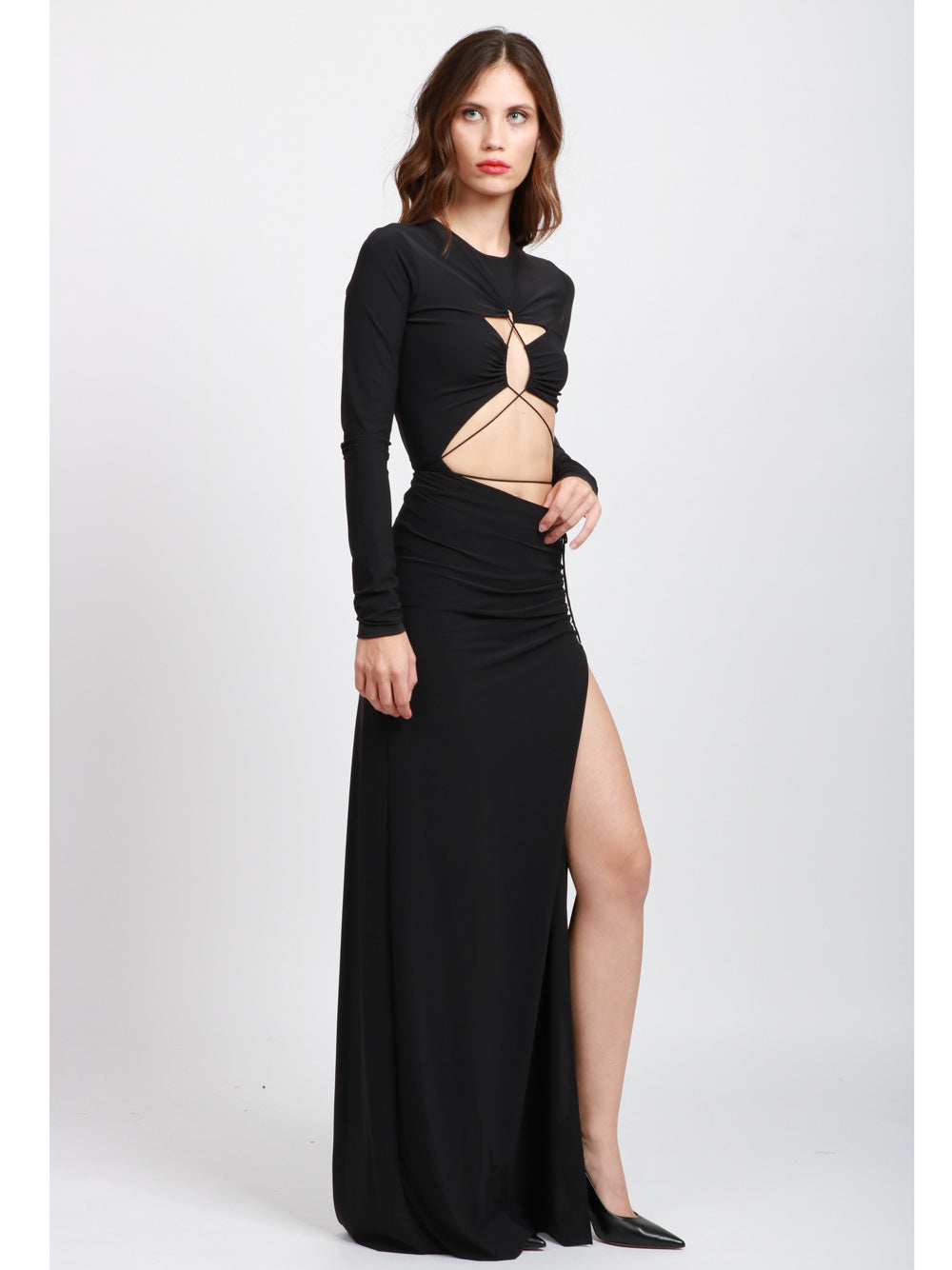 AMAZUIN Vestito Maggie Lungo Nero con Cut Out e Spacco Nero