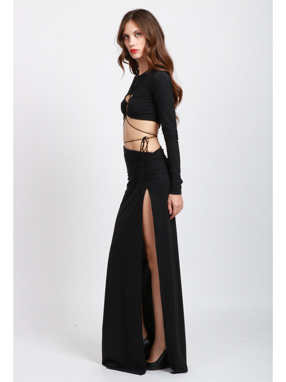 AMAZUIN Vestito Maggie Lungo Nero con Cut Out e Spacco Nero