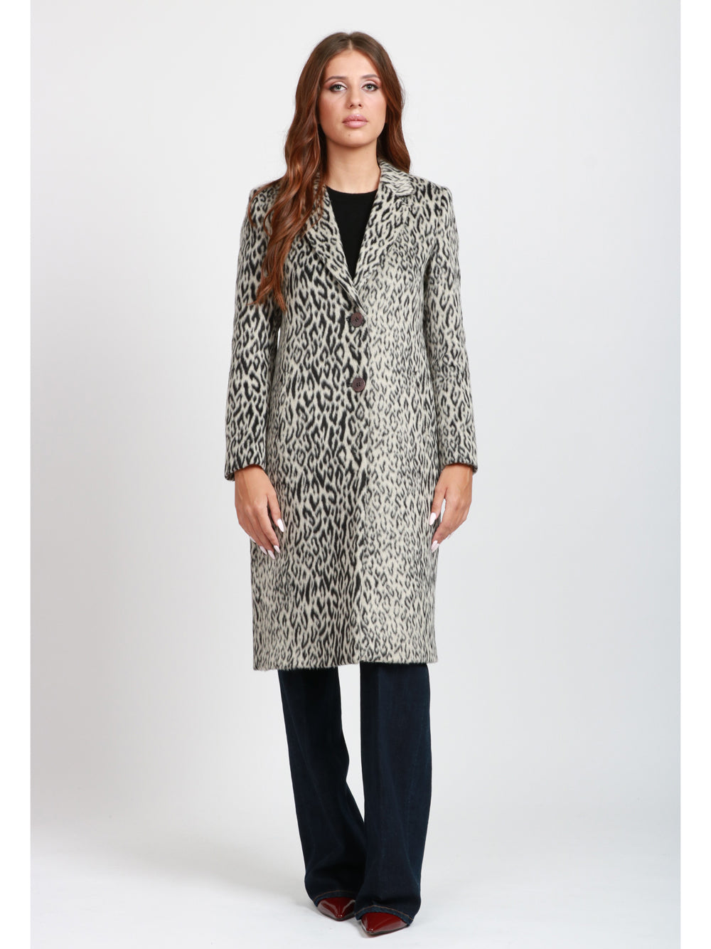 CHIARULLI Cappotto Cleopatra Monopetto Animalier Nero e Grigio Nero/grigio