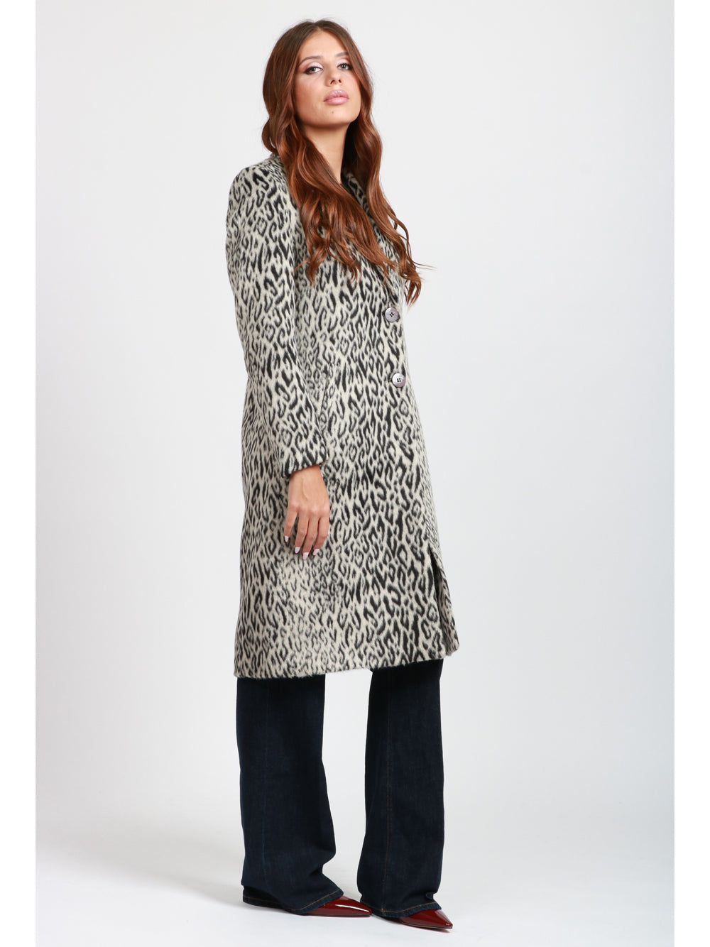 CHIARULLI Cappotto Cleopatra Monopetto Animalier Nero e Grigio Nero/grigio