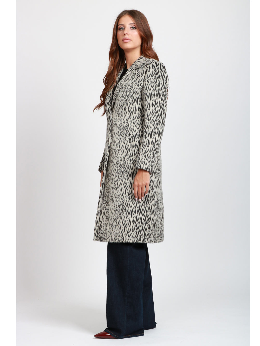 CHIARULLI Cappotto Cleopatra Monopetto Animalier Nero e Grigio Nero/grigio