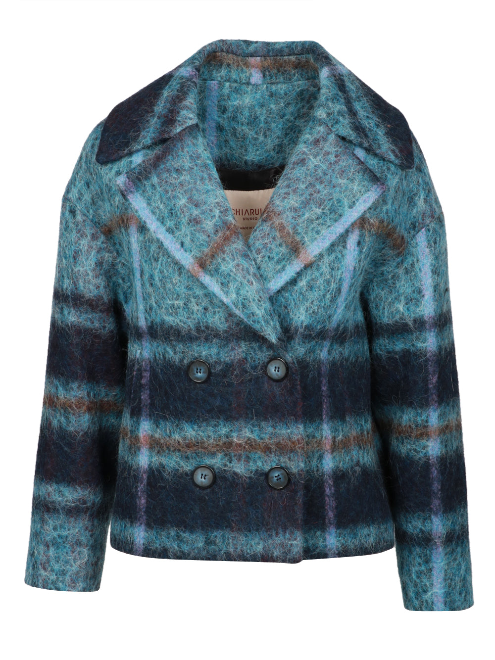 CHIARULLI Caban Iris Doppiopetto in Misto Alpaca Check Celeste e Blu Celeste/blu