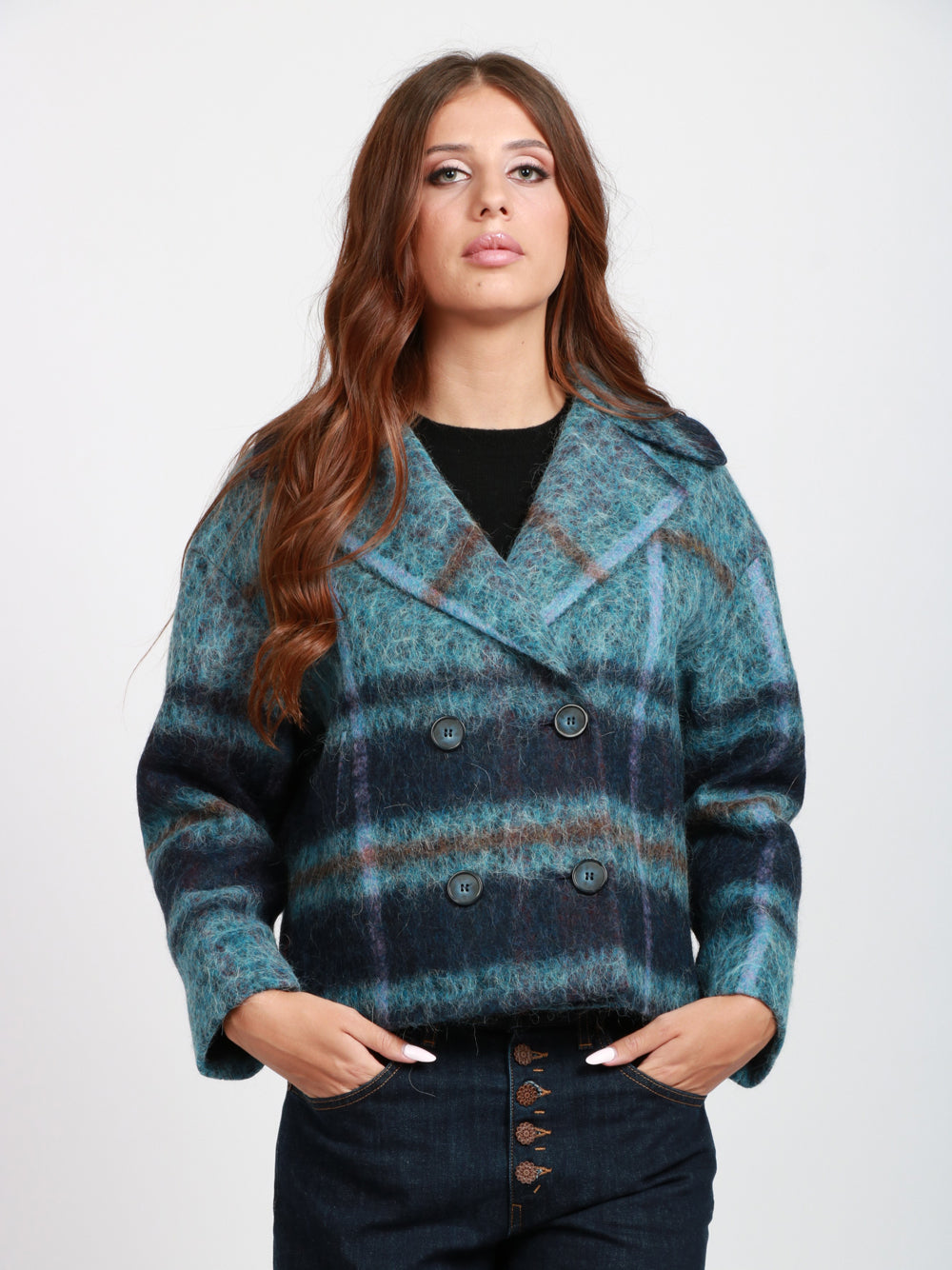 CHIARULLI Caban Iris Doppiopetto in Misto Alpaca Check Celeste e Blu Celeste/blu