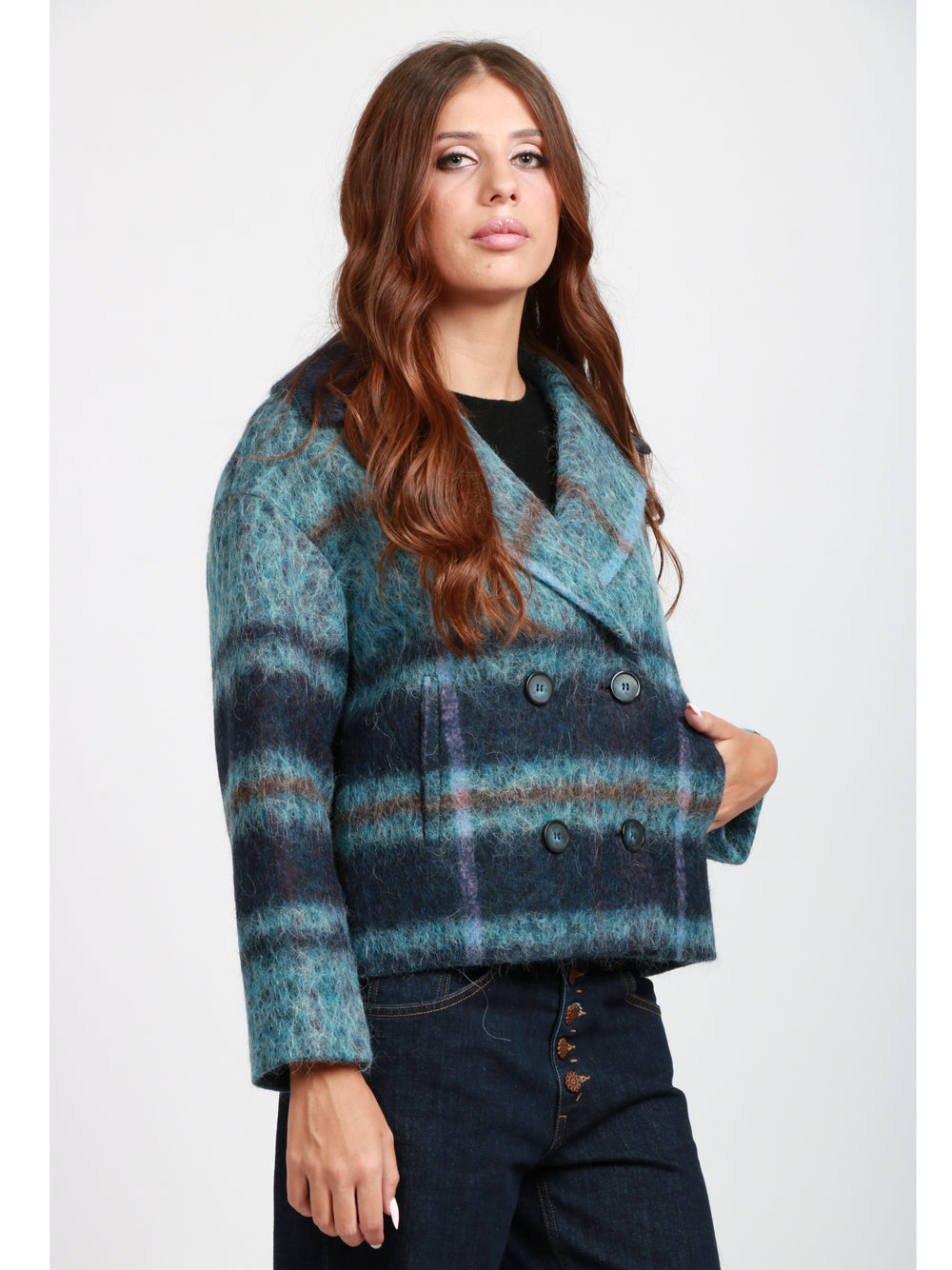 CHIARULLI Caban Iris Doppiopetto in Misto Alpaca Check Celeste e Blu Celeste/blu