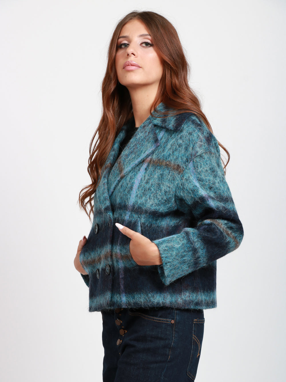 CHIARULLI Caban Iris Doppiopetto in Misto Alpaca Check Celeste e Blu Celeste/blu