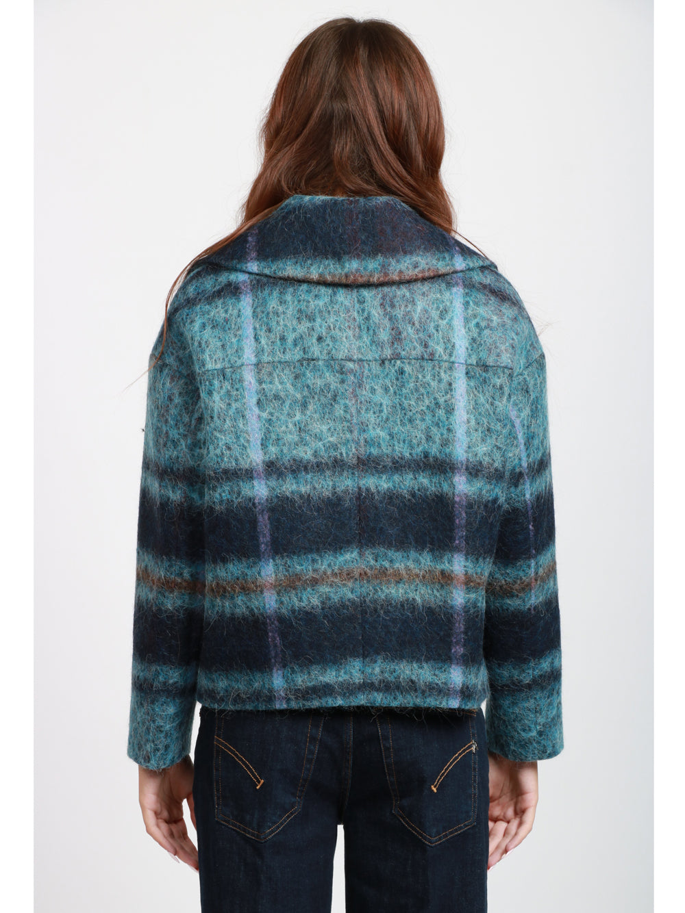 CHIARULLI Caban Iris Doppiopetto in Misto Alpaca Check Celeste e Blu Celeste/blu