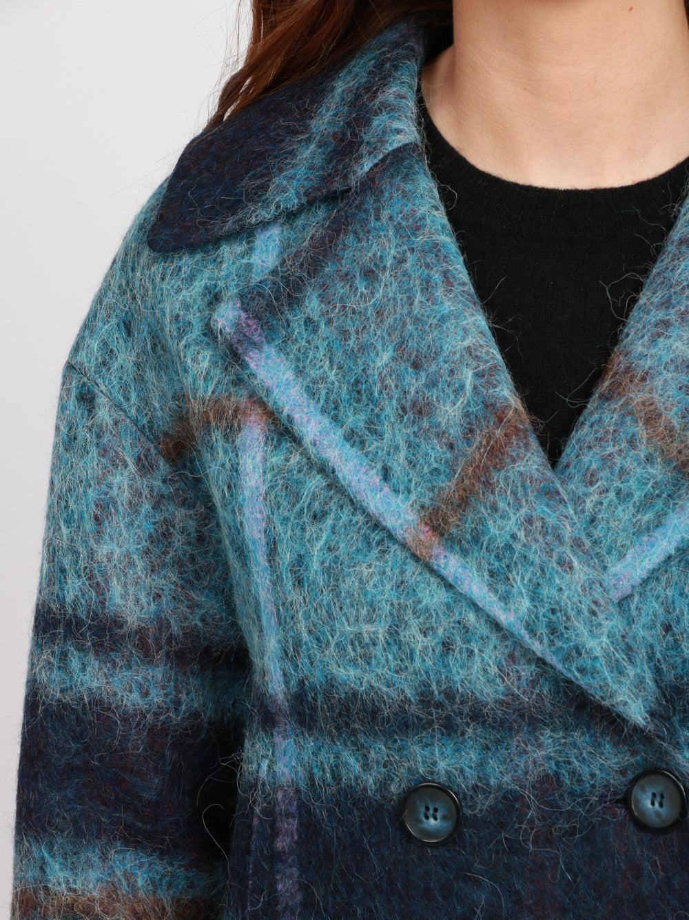 CHIARULLI Caban Iris Doppiopetto in Misto Alpaca Check Celeste e Blu Celeste/blu