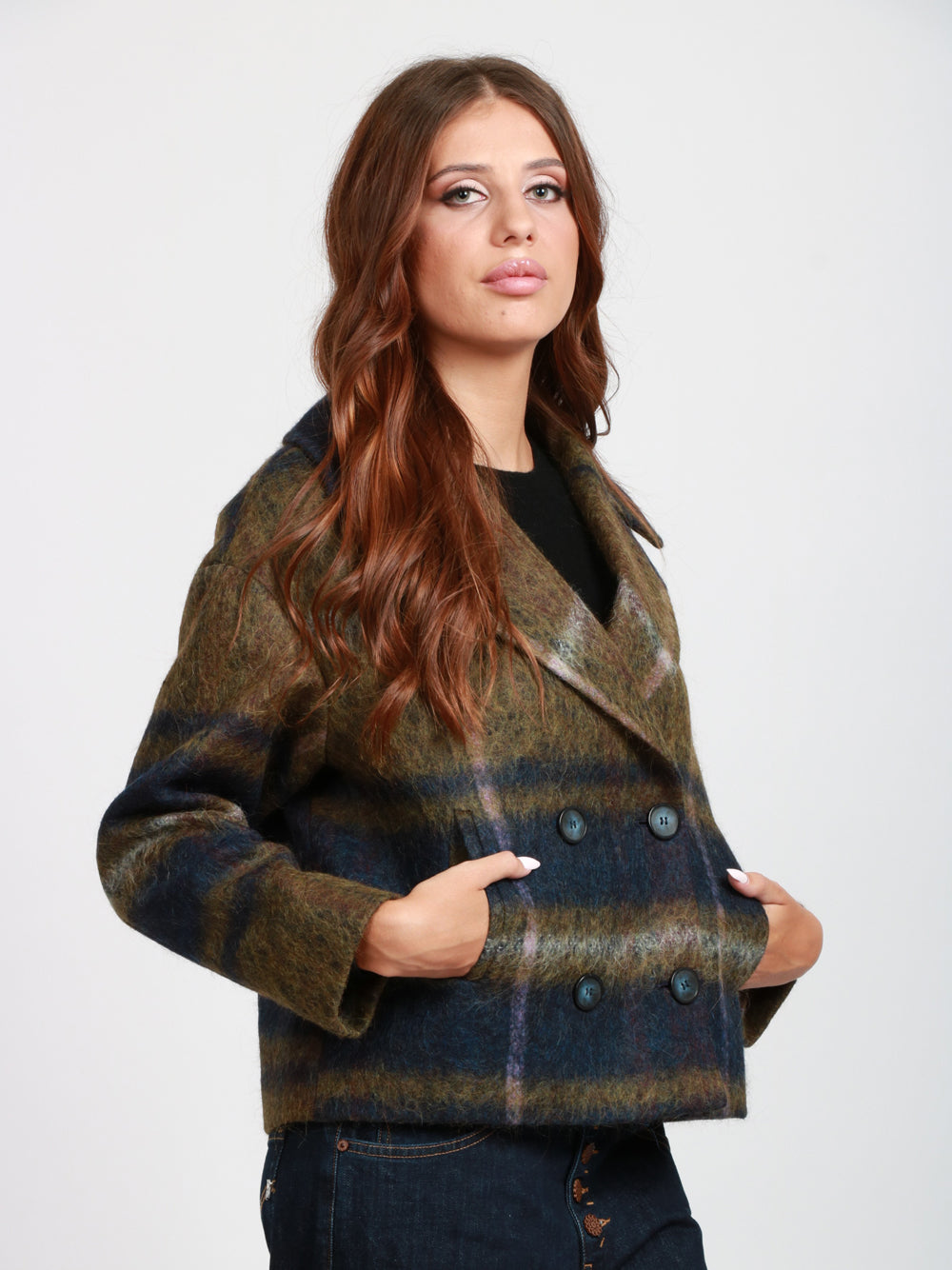 CHIARULLI Caban Iris Doppiopetto in Misto Alpaca Check Verde e Blu Verde/blu