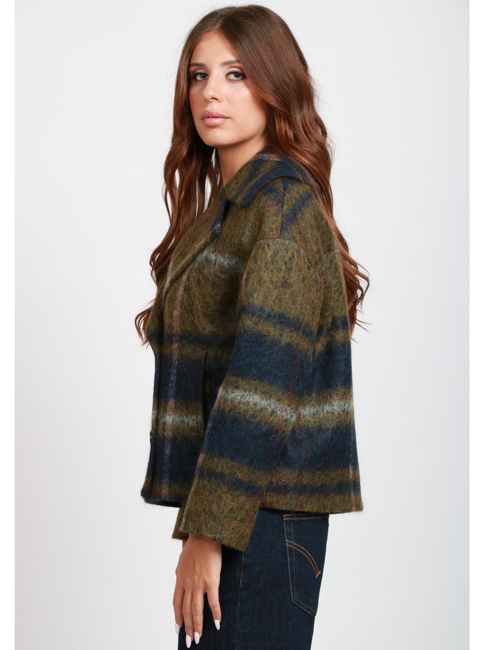 CHIARULLI Caban Iris Doppiopetto in Misto Alpaca Check Verde e Blu Verde/blu