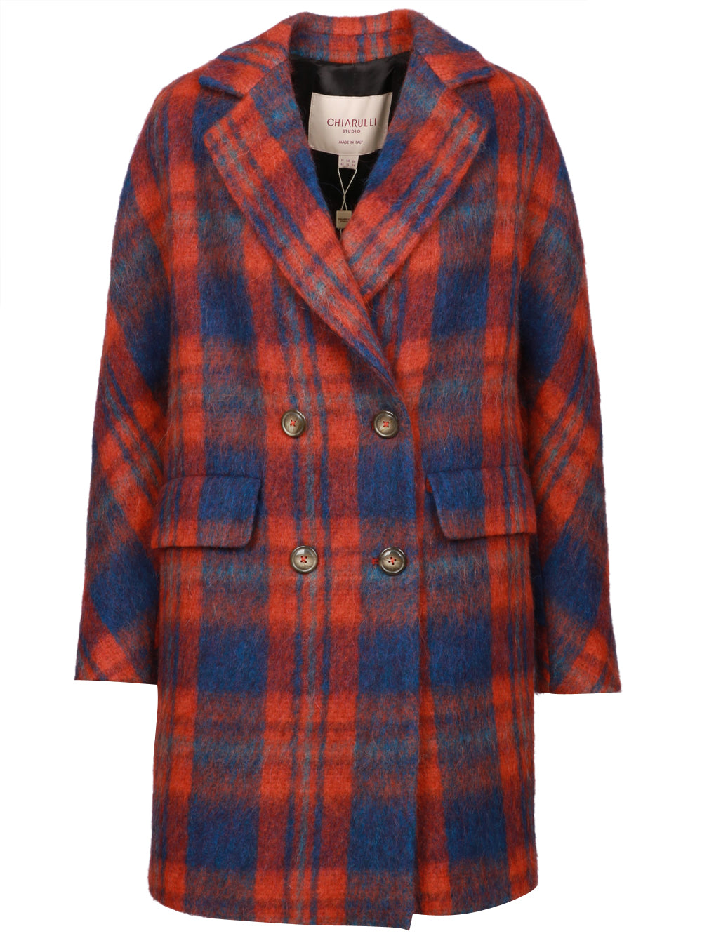 CHIARULLI Cappotto Maya Doppiopetto in Misto Alpaca Check Arancio e Blu Arancio/blu