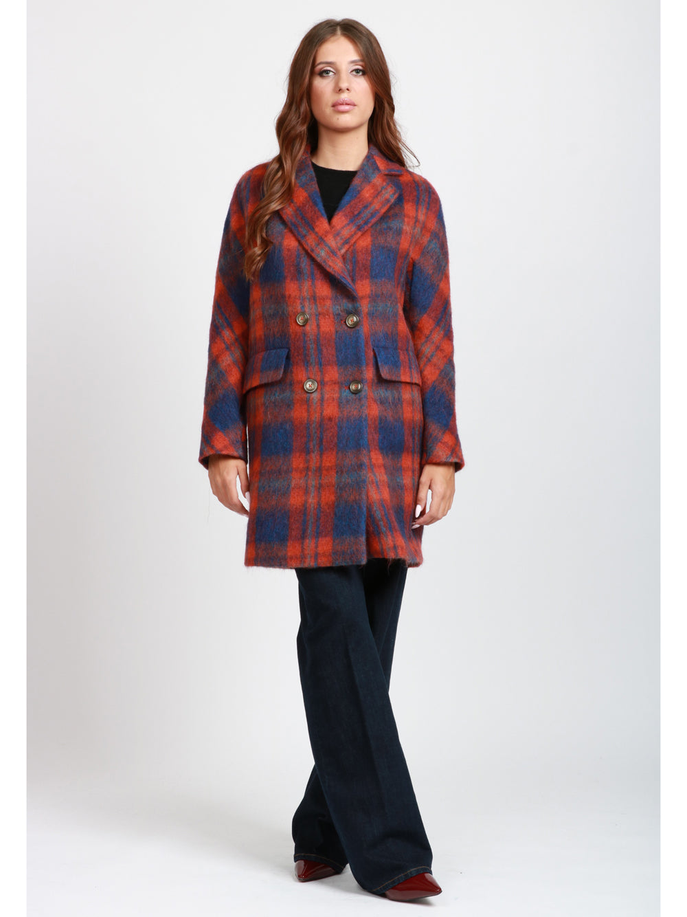 CHIARULLI Cappotto Maya Doppiopetto in Misto Alpaca Check Arancio e Blu Arancio/blu