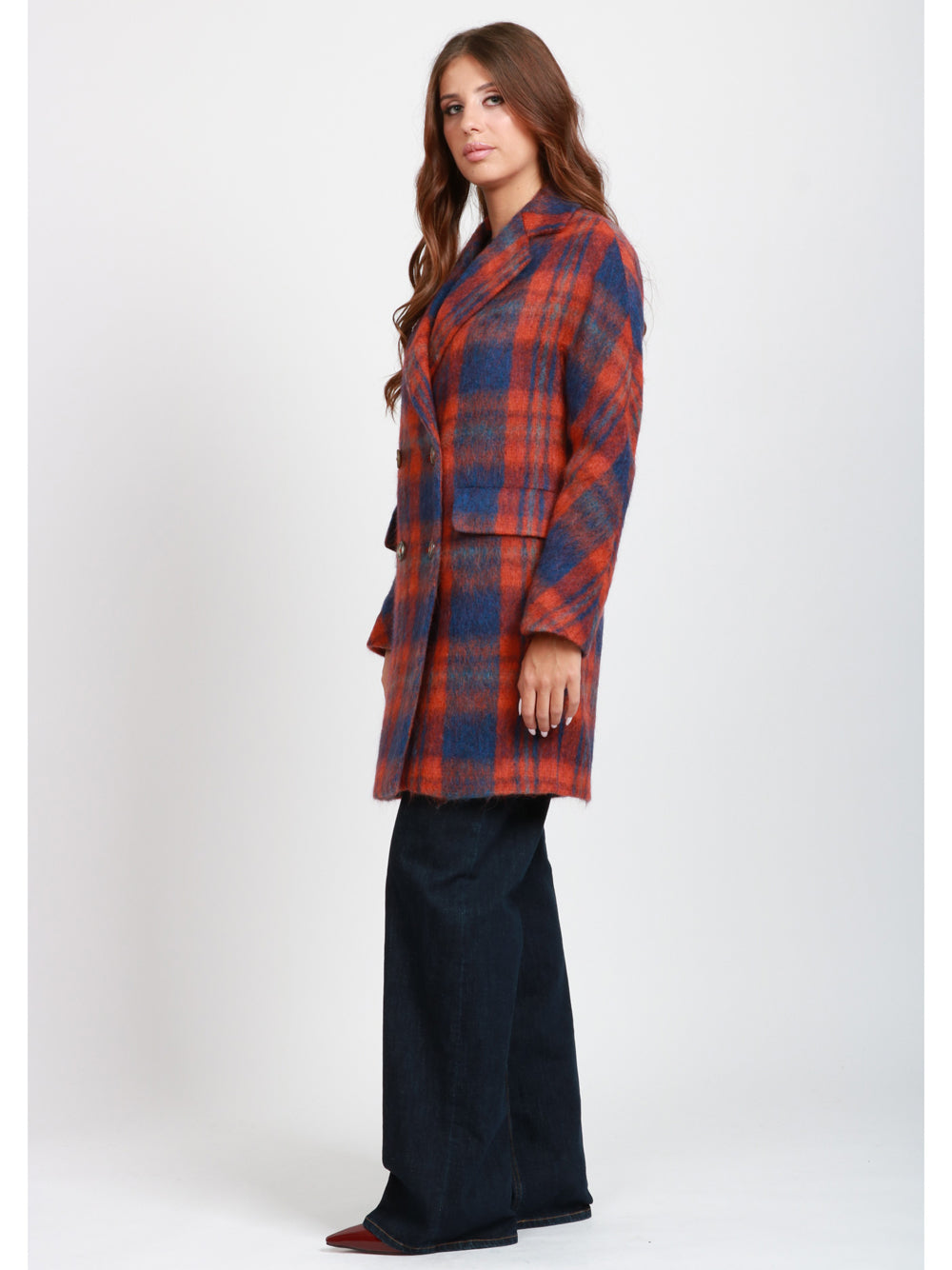 CHIARULLI Cappotto Maya Doppiopetto in Misto Alpaca Check Arancio e Blu Arancio/blu