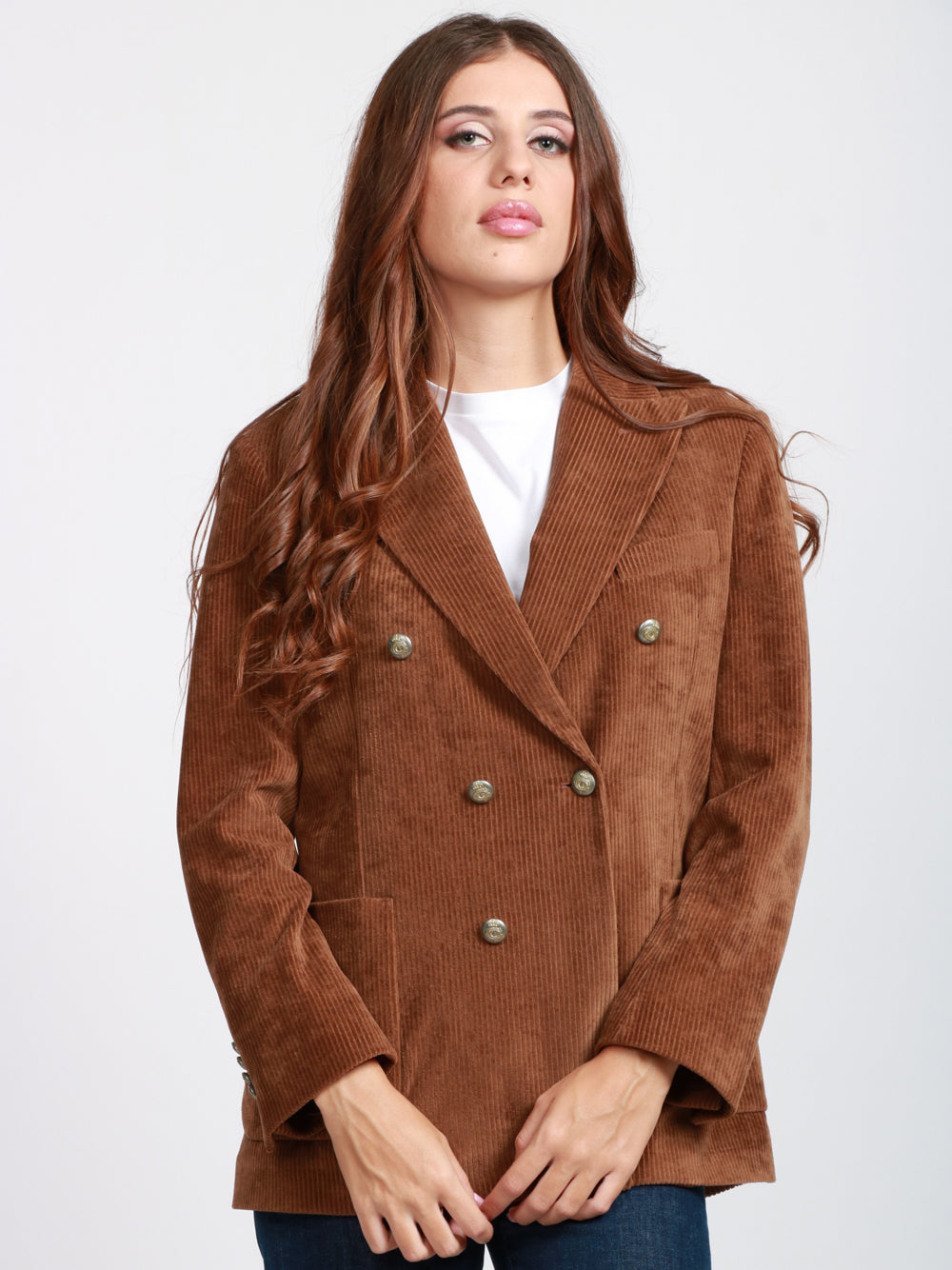 CIRCOLO 1901 Giacca Doppiopetto in Velluto a Costine Marrone Bruciato