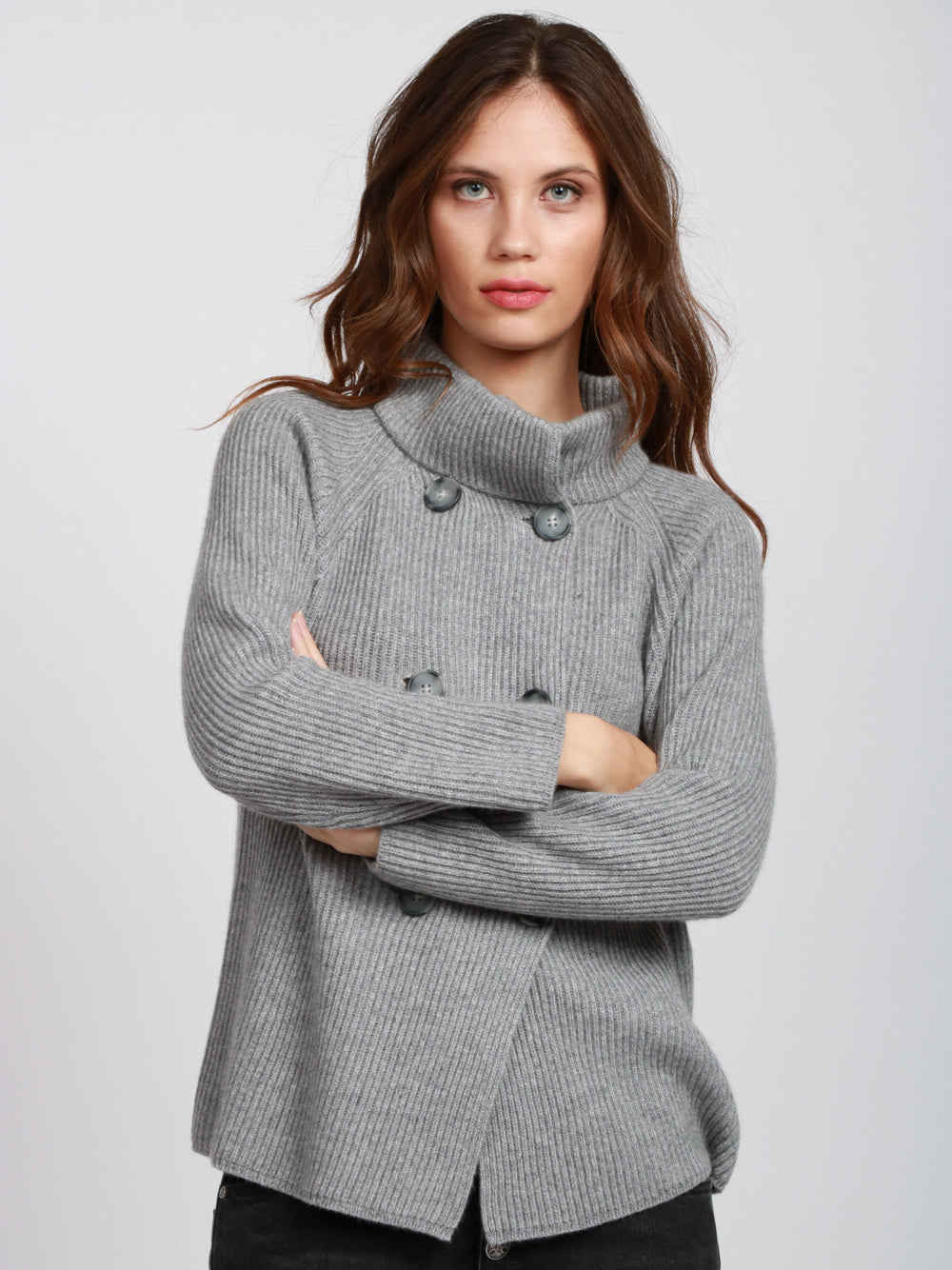 DEBBIE KATZ Giacca Doppiopetto a Costine in Misto Cashmere Grigia Grigio