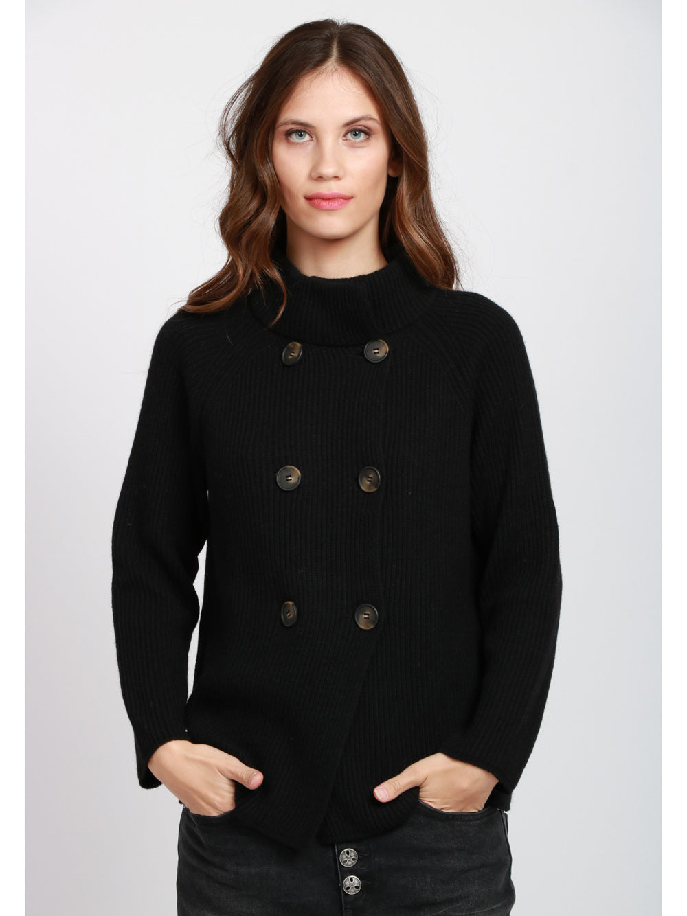 DEBBIE KATZ Giacca Doppiopetto a Costine in Misto Cashmere Nera Nero
