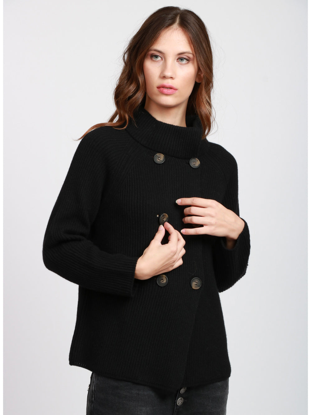 DEBBIE KATZ Giacca Doppiopetto a Costine in Misto Cashmere Nera Nero