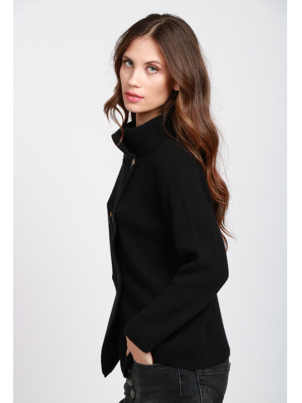 DEBBIE KATZ Giacca Doppiopetto a Costine in Misto Cashmere Nera Nero