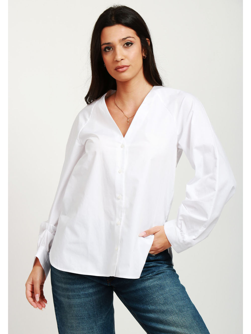 DONDUP Camicia in Popeline di Cotone Bianca con Maniche a Sbuffo Bianco