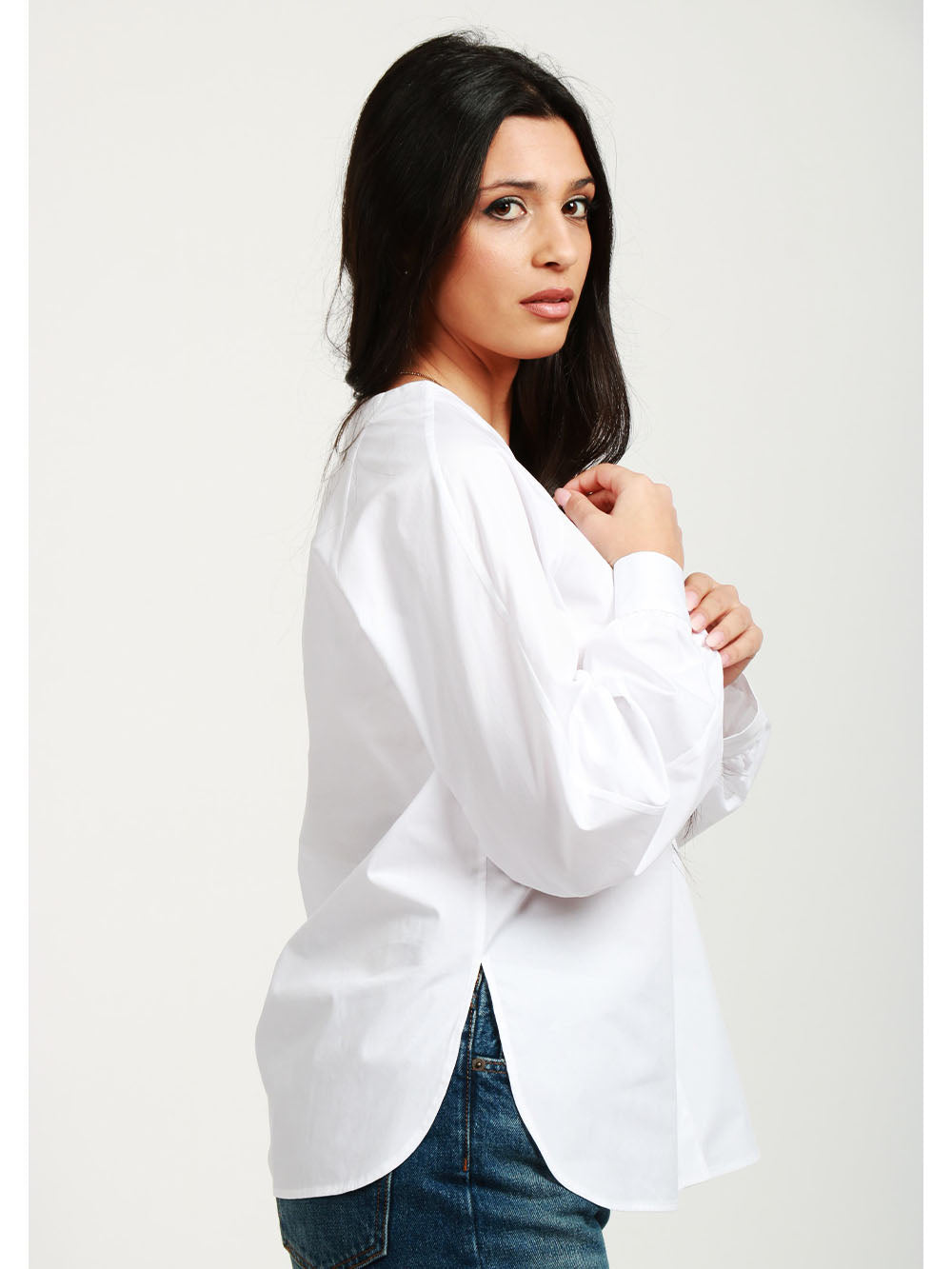 DONDUP Camicia in Popeline di Cotone Bianca con Maniche a Sbuffo Bianco