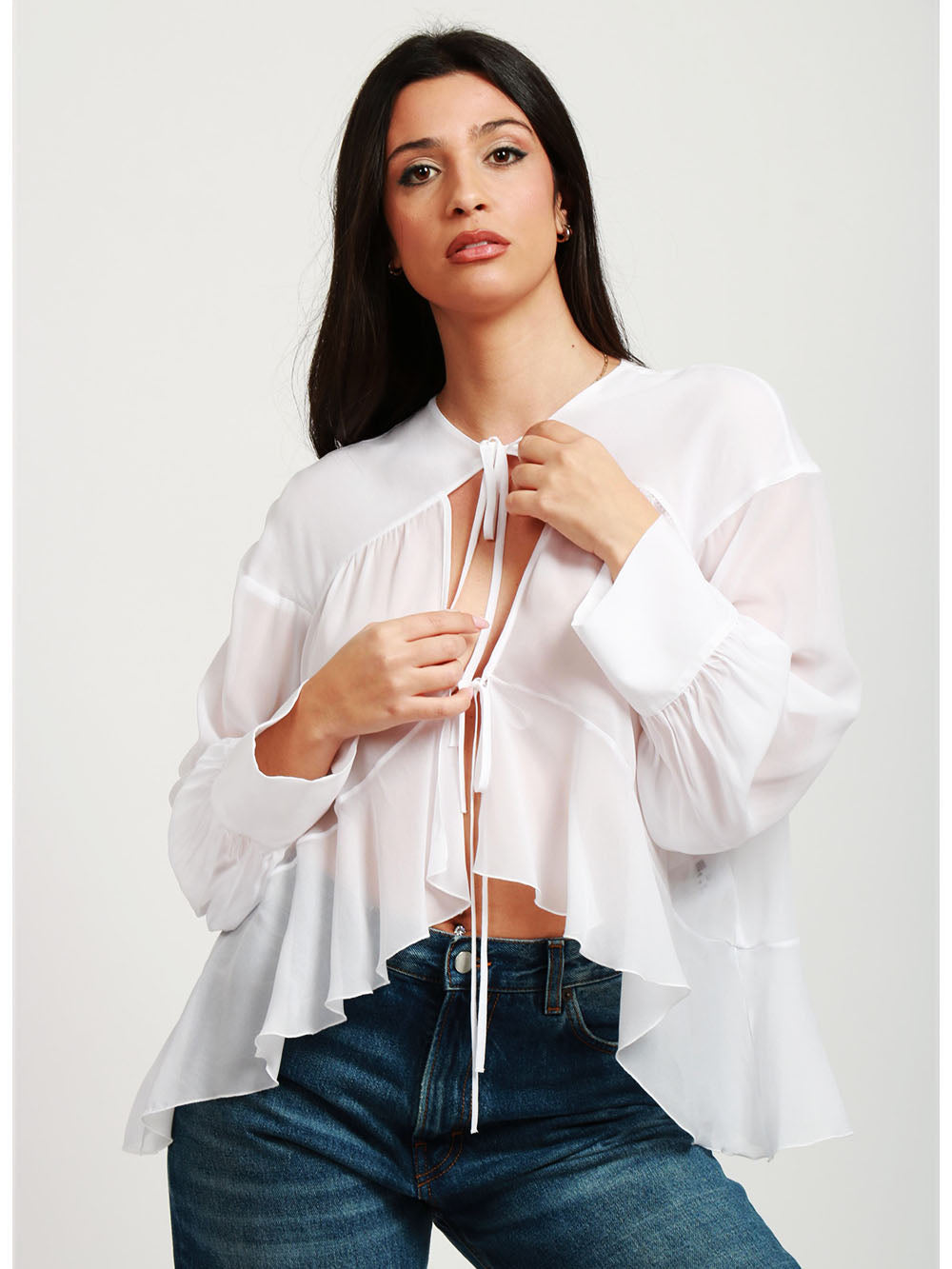 DONDUP Blusa in Voile Bianca con Volant Bianco