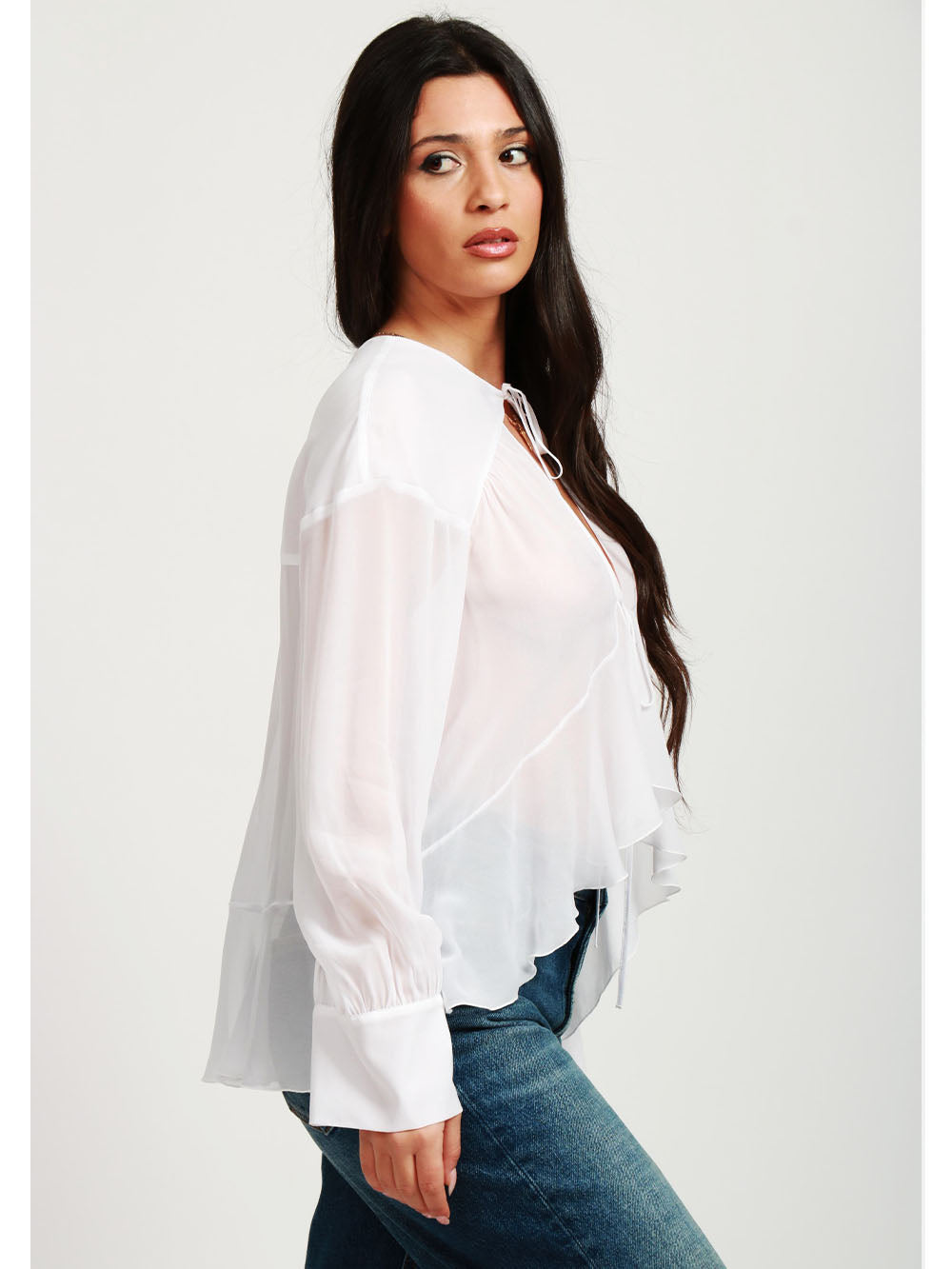 DONDUP Blusa in Voile Bianca con Volant Bianco