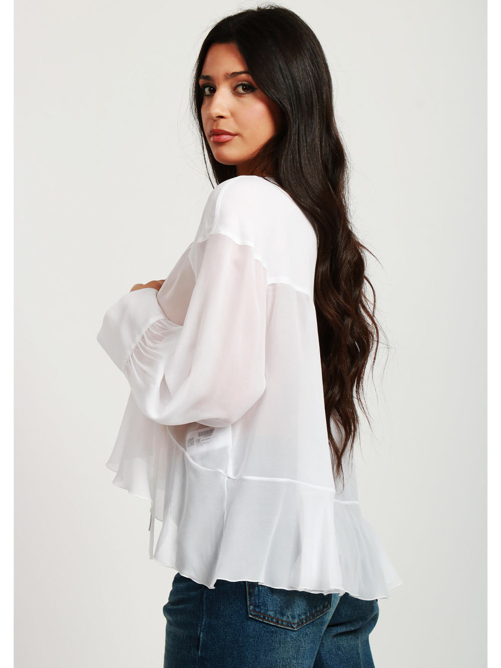DONDUP Blusa in Voile Bianca con Volant Bianco