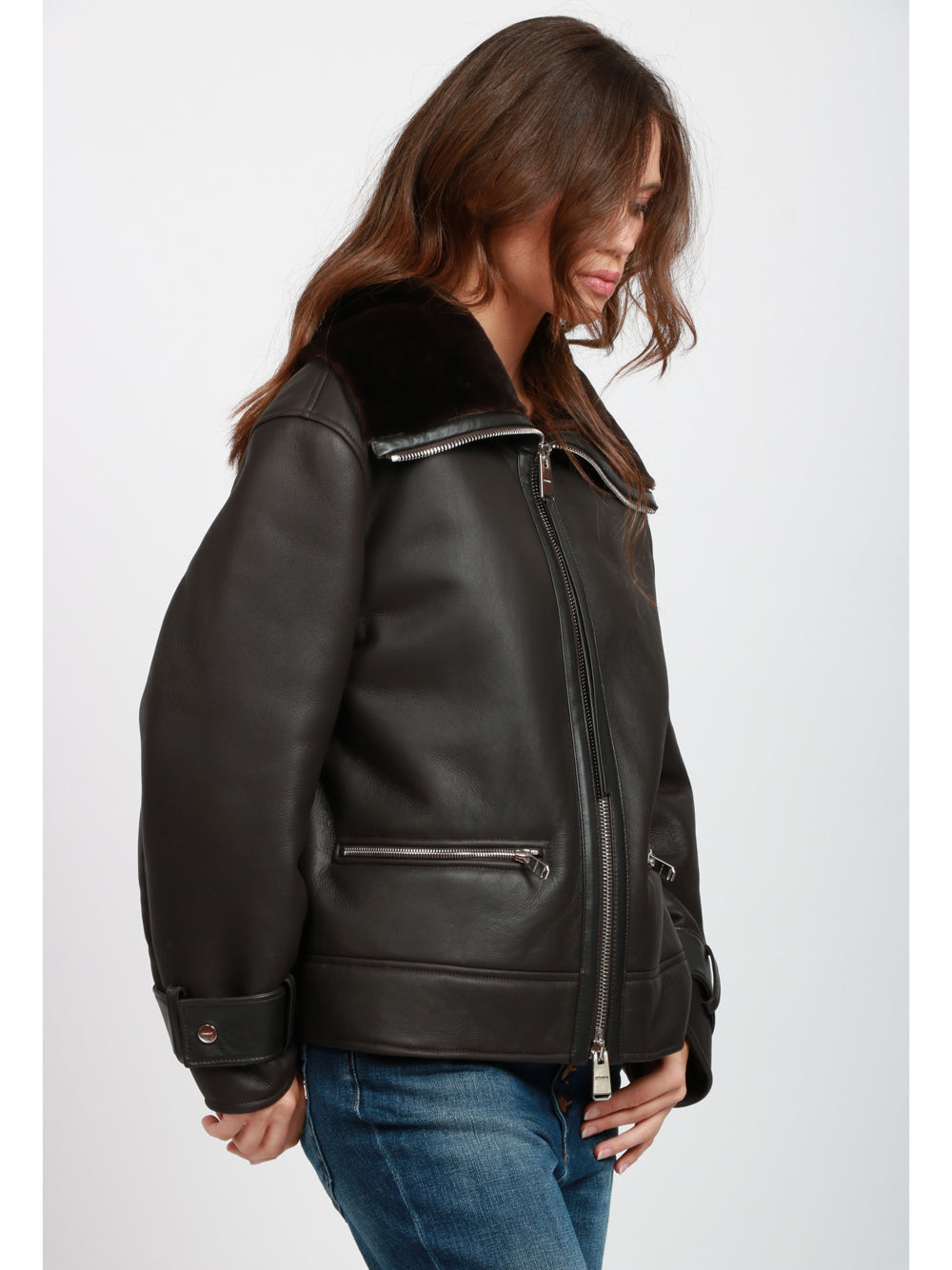DONDUP Giubbino Montone in Pelle Nero Marrone