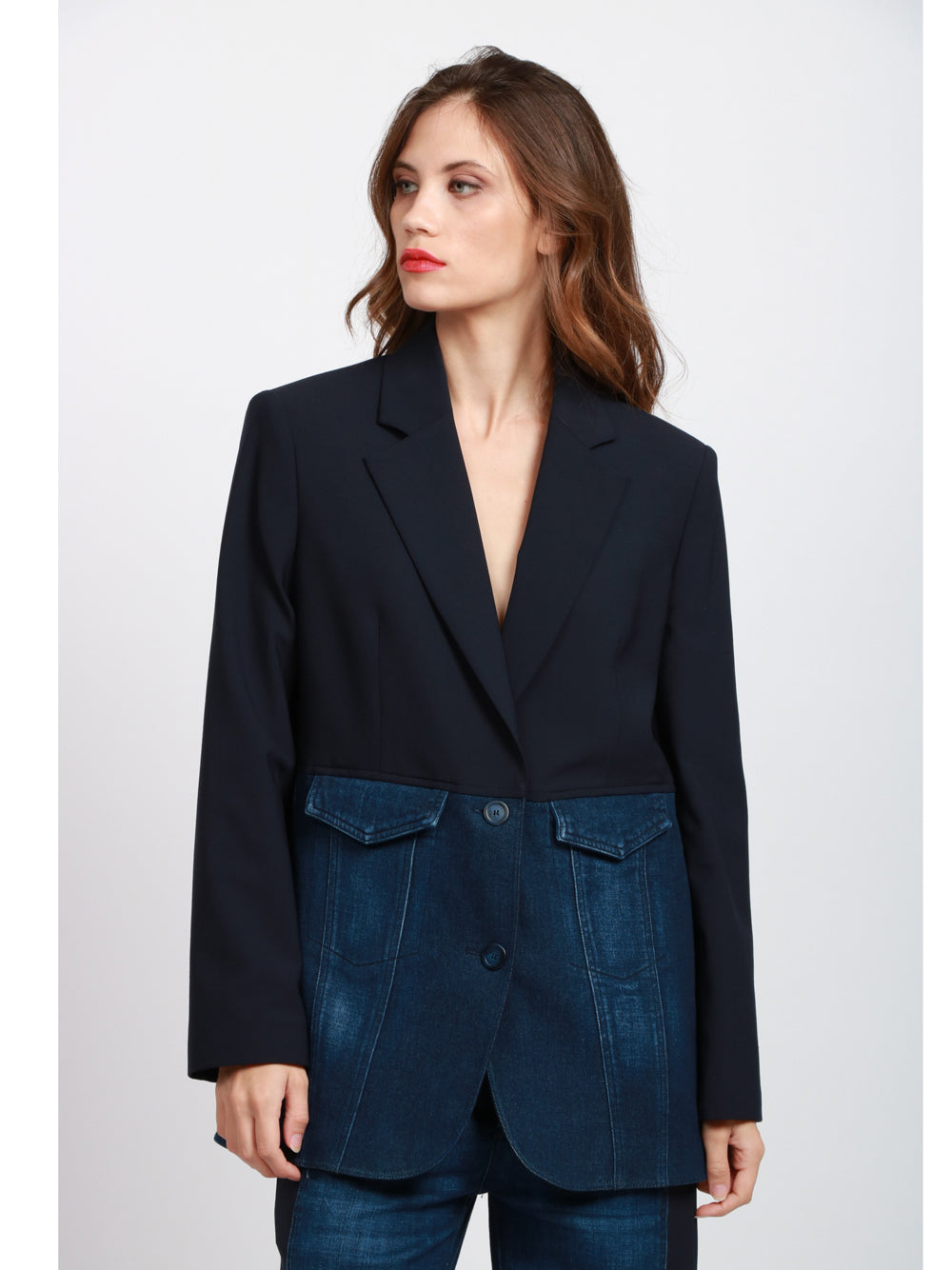 DONDUP Giacca Monopetto in Denim e Tela di Lana Blu Blu Denim