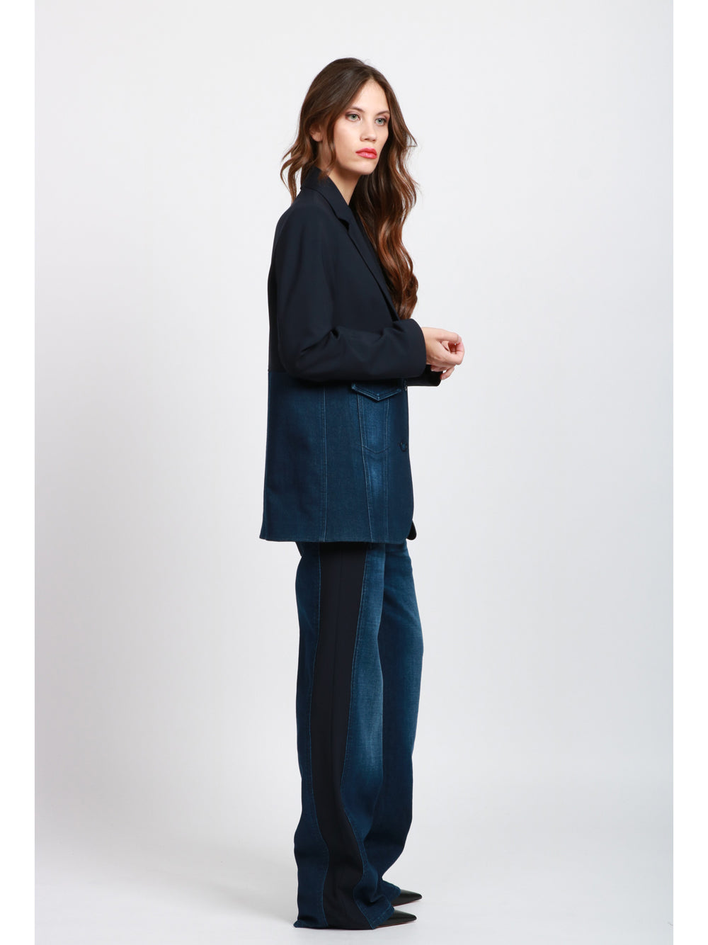 DONDUP Giacca Monopetto in Denim e Tela di Lana Blu Blu Denim