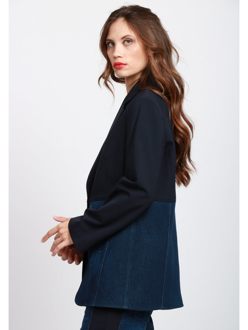 DONDUP Giacca Monopetto in Denim e Tela di Lana Blu Blu Denim