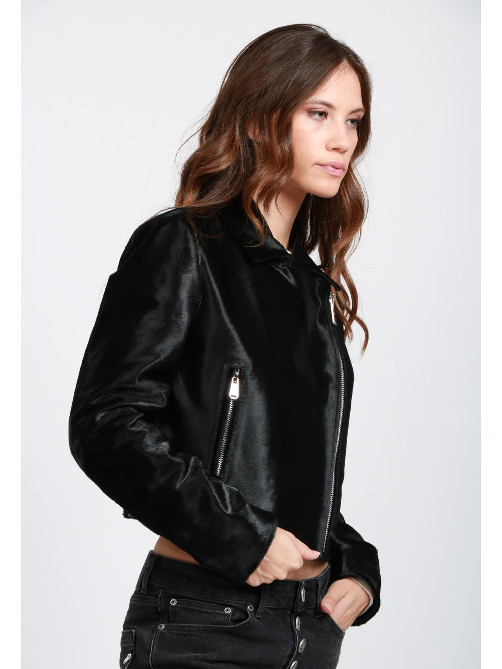 DONDUP Giubbino Crop in Cavallino Nero Nero