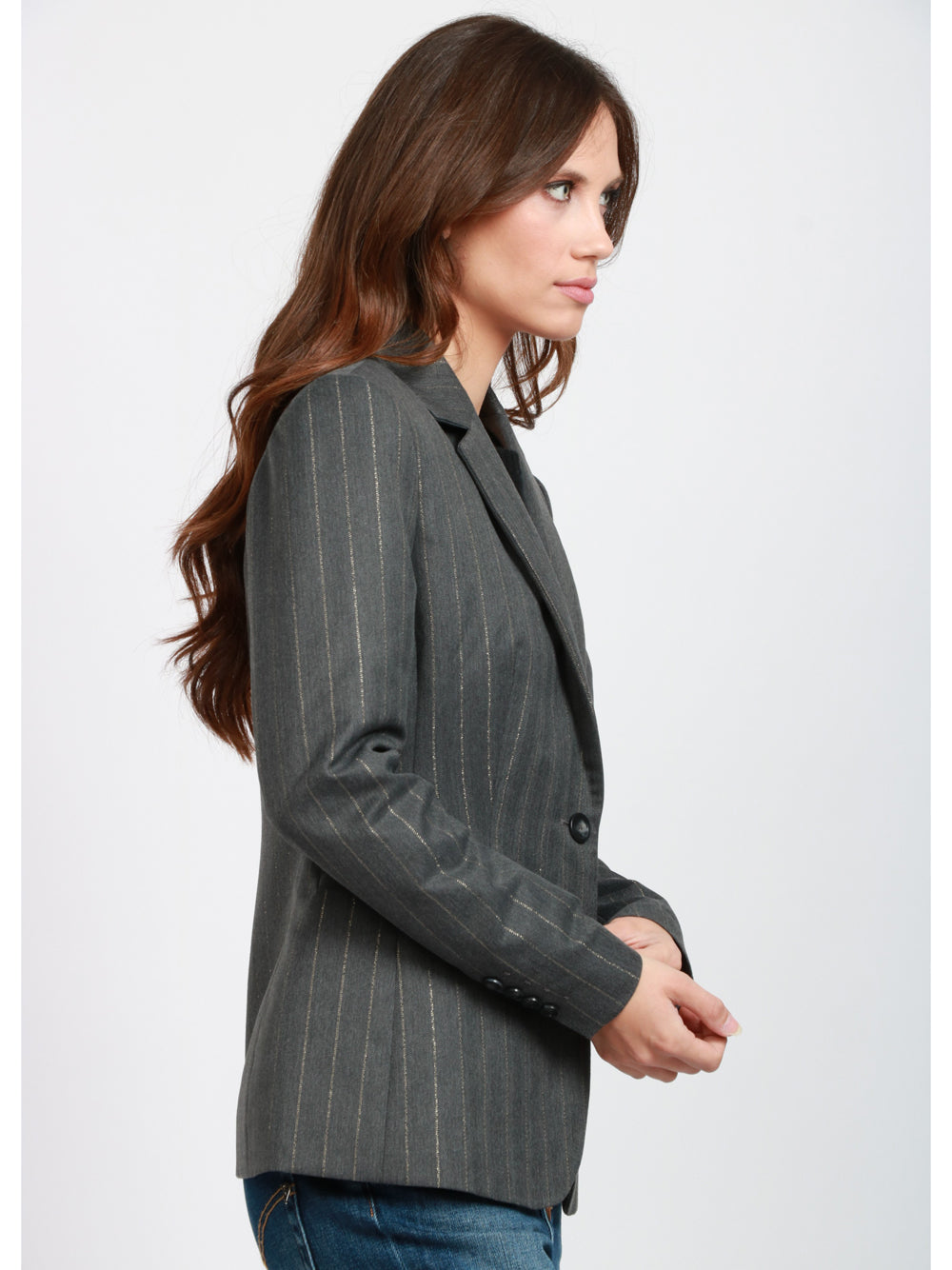 DONDUP Giacca Monopetto Grigia Gessata con Lurex Grigio