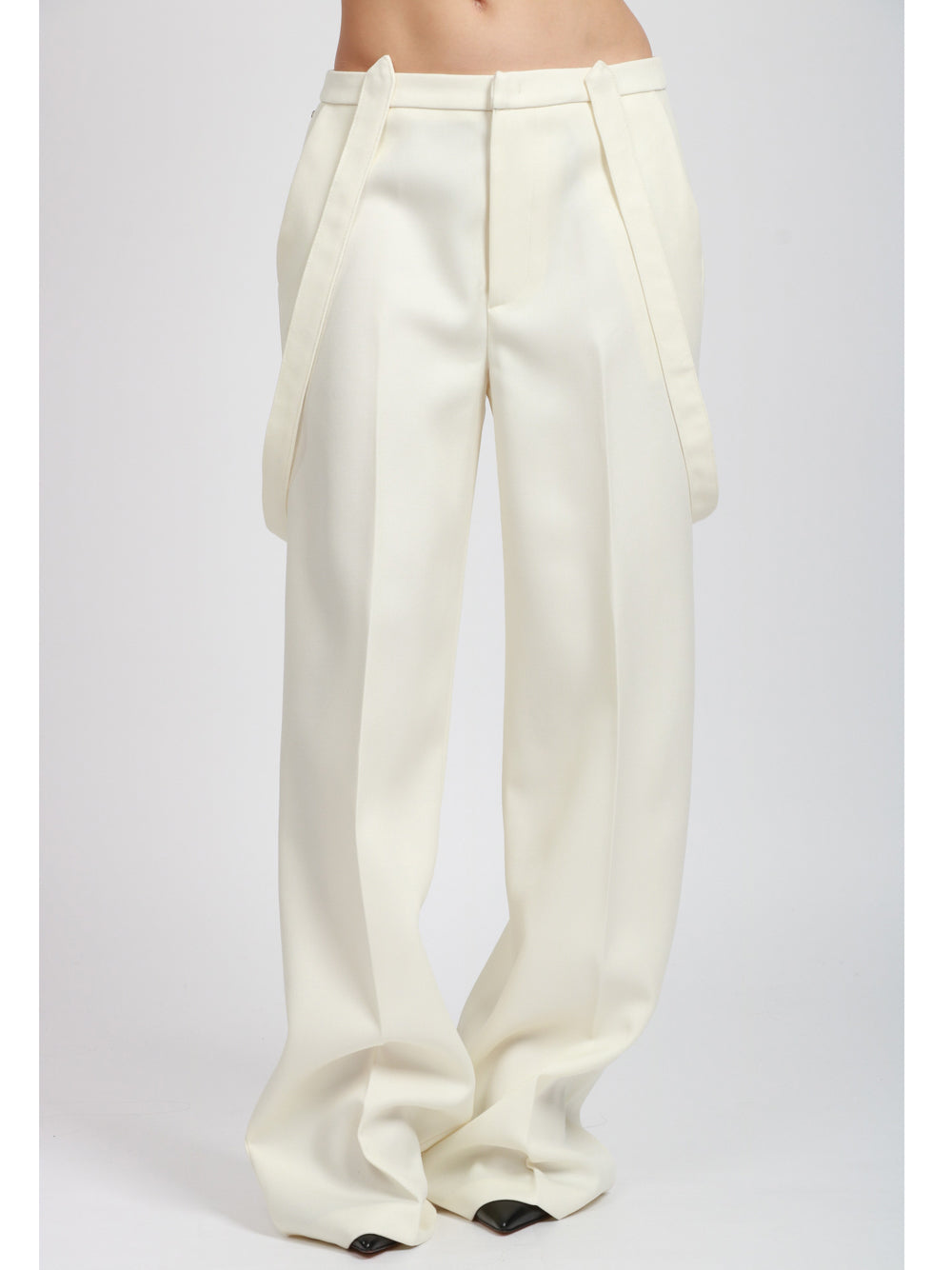 DONDUP Pantaloni Palazzo Tecla in Canvas di Lana Panna con Bretelle Panna