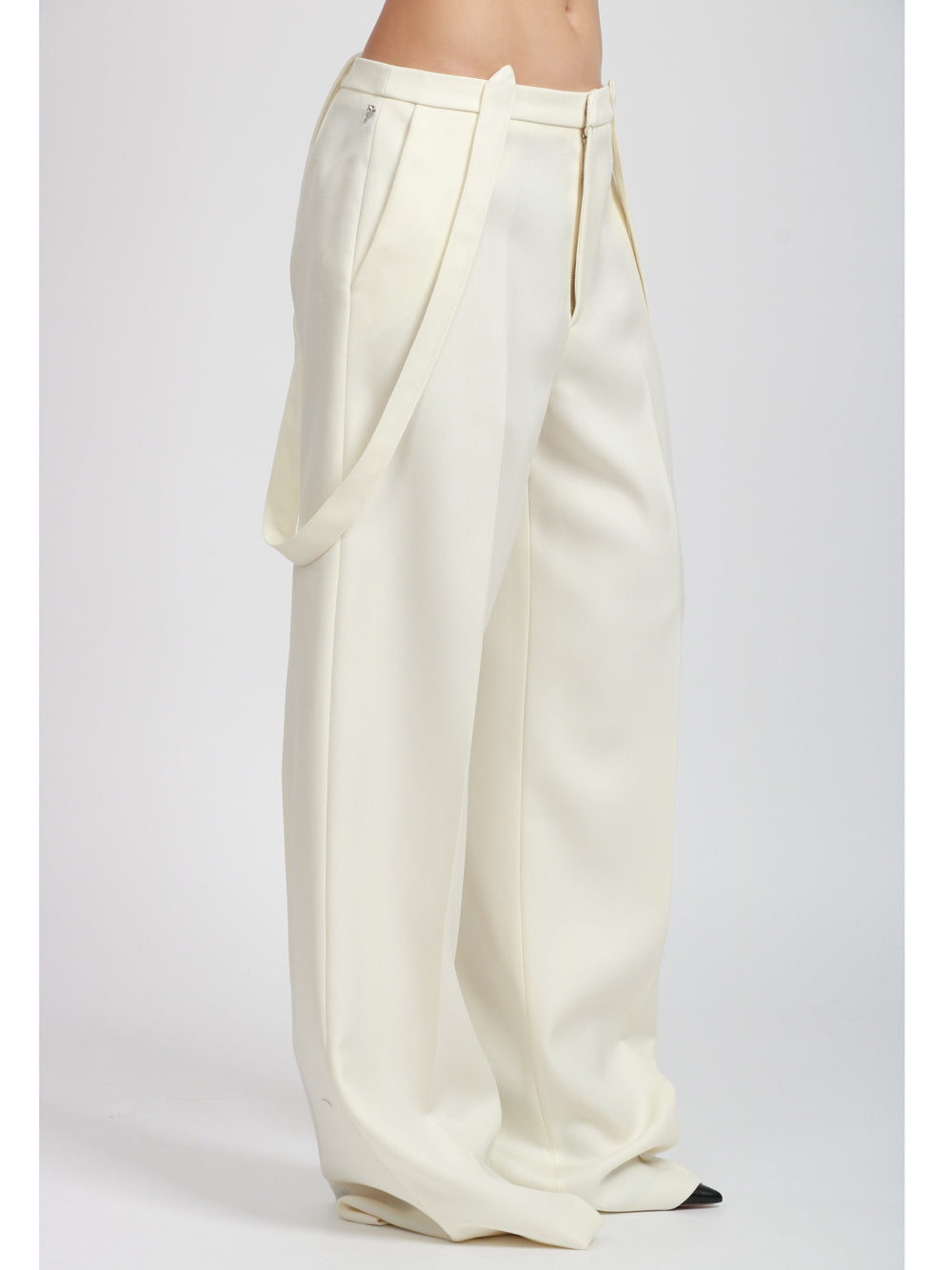 DONDUP Pantaloni Palazzo Tecla in Canvas di Lana Panna con Bretelle Panna