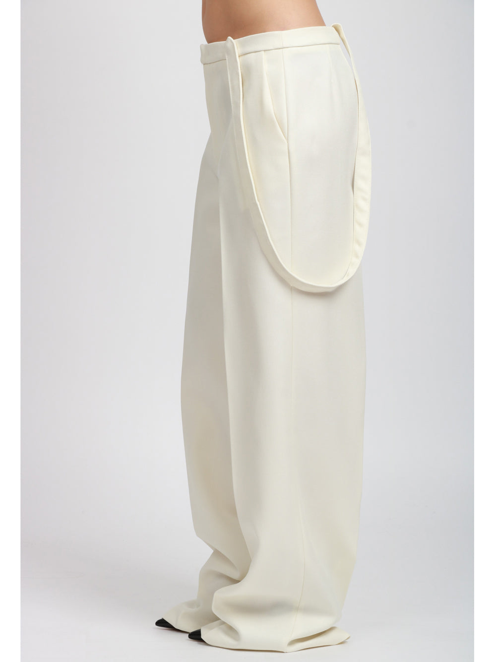 DONDUP Pantaloni Palazzo Tecla in Canvas di Lana Panna con Bretelle Panna