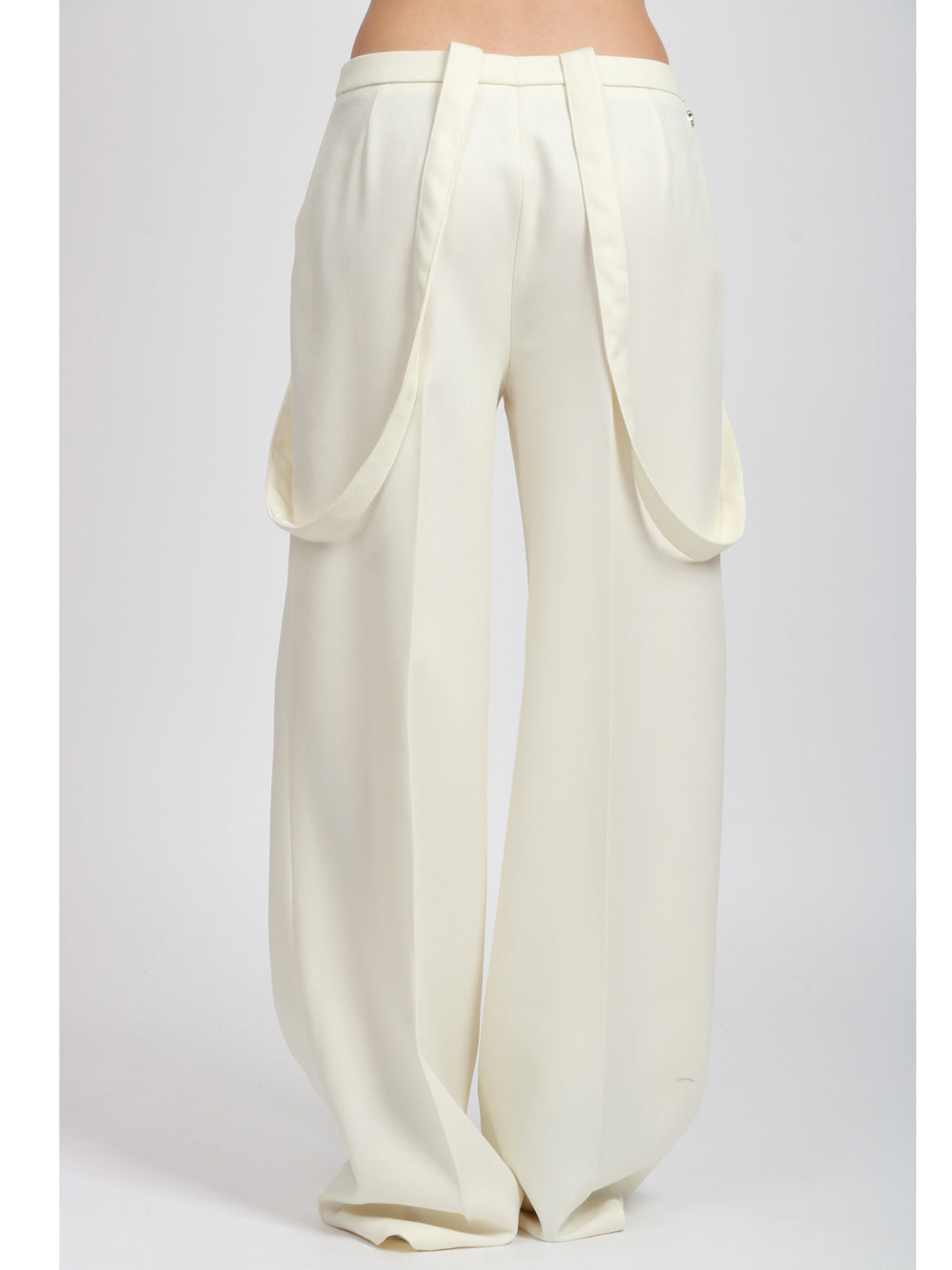 DONDUP Pantaloni Palazzo Tecla in Canvas di Lana Panna con Bretelle Panna