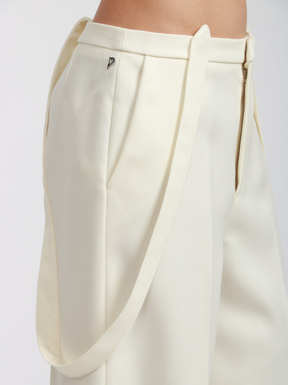 DONDUP Pantaloni Palazzo Tecla in Canvas di Lana Panna con Bretelle Panna