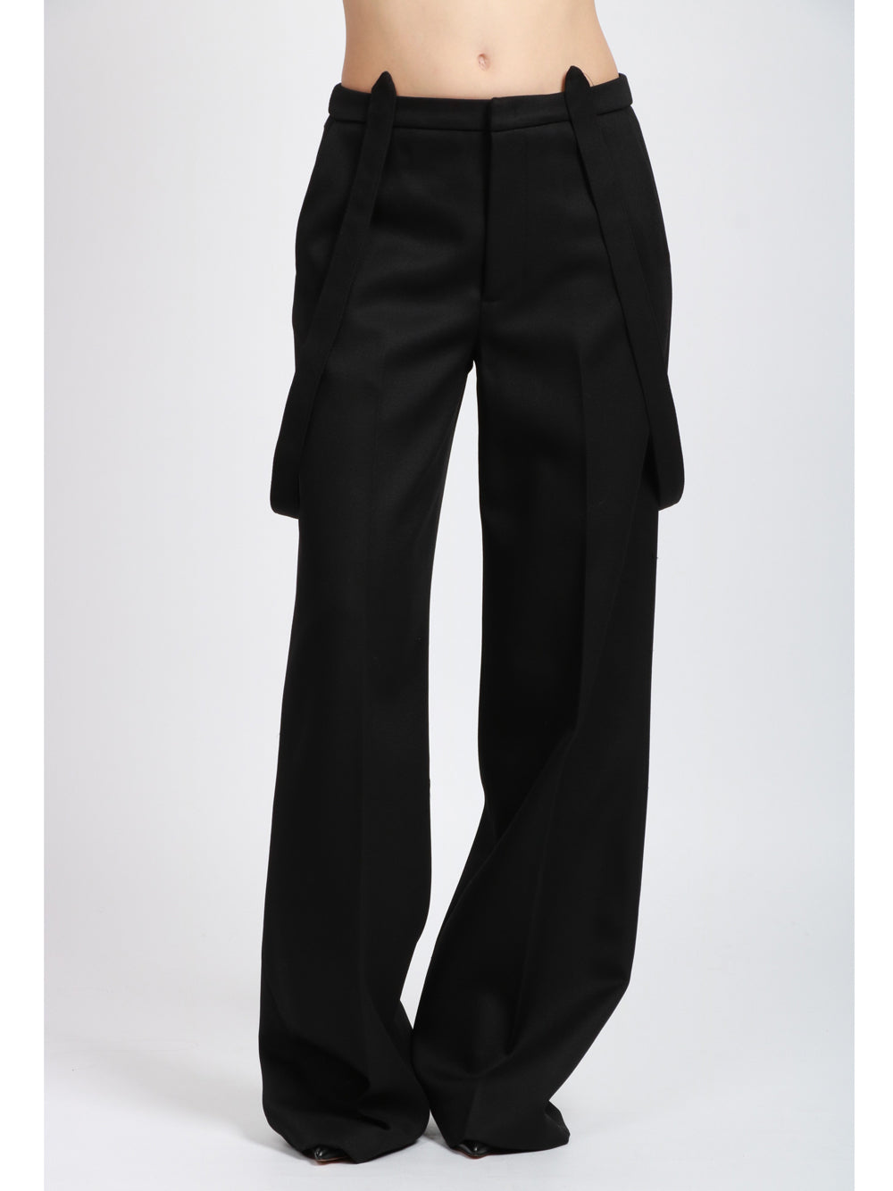 DONDUP Pantaloni Palazzo Tecla in Canvas di Lana Neri con Bretelle Nero