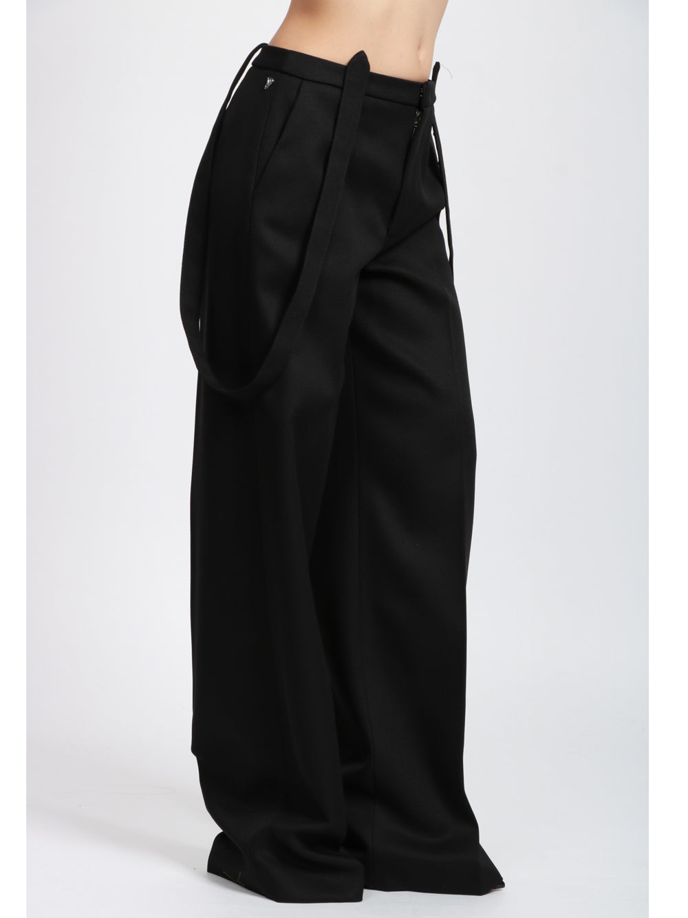 DONDUP Pantaloni Palazzo Tecla in Canvas di Lana Neri con Bretelle Nero