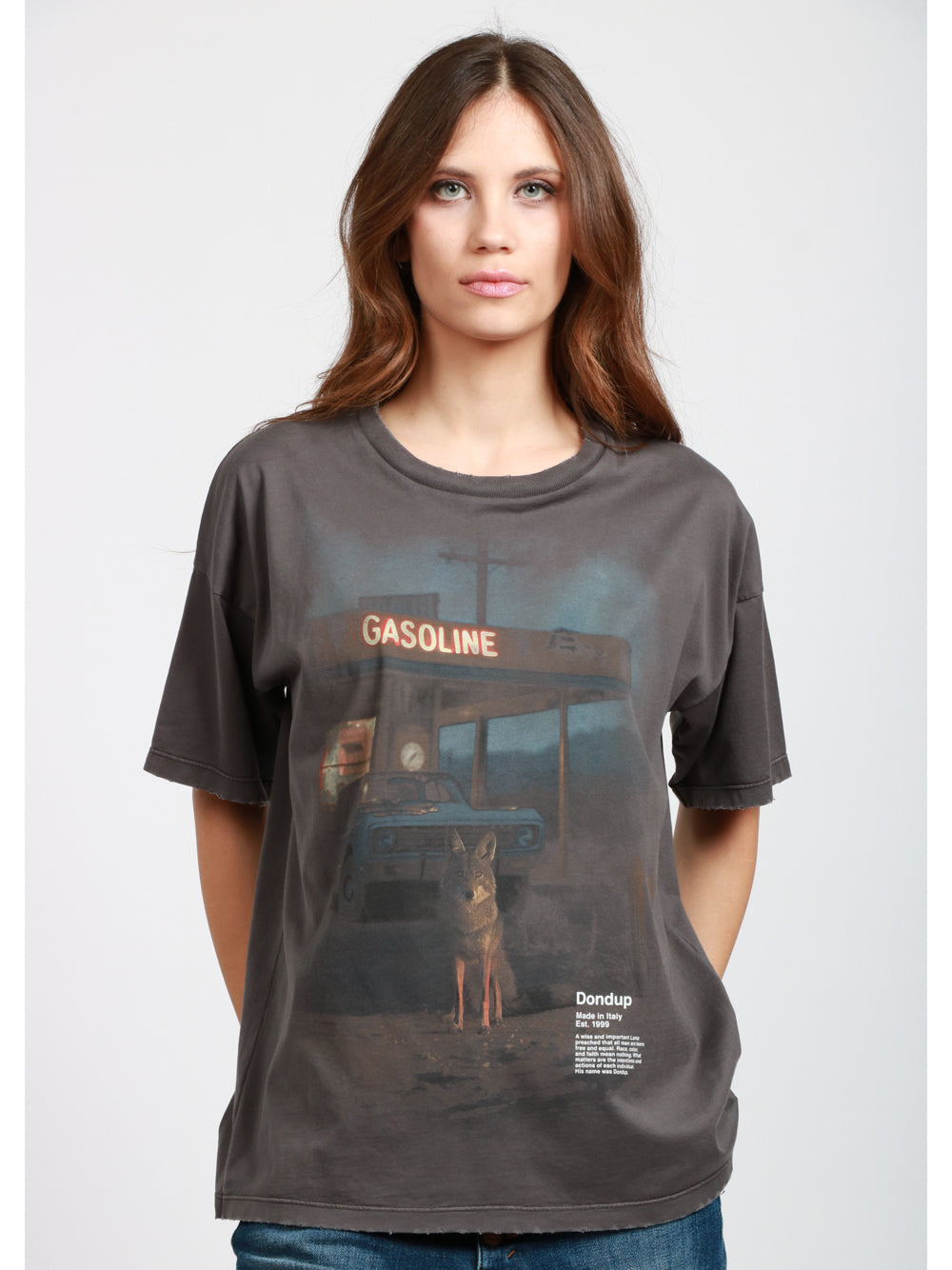 DONDUP T-shirt in Cotone Grigia con Stampa Lupo Antracite