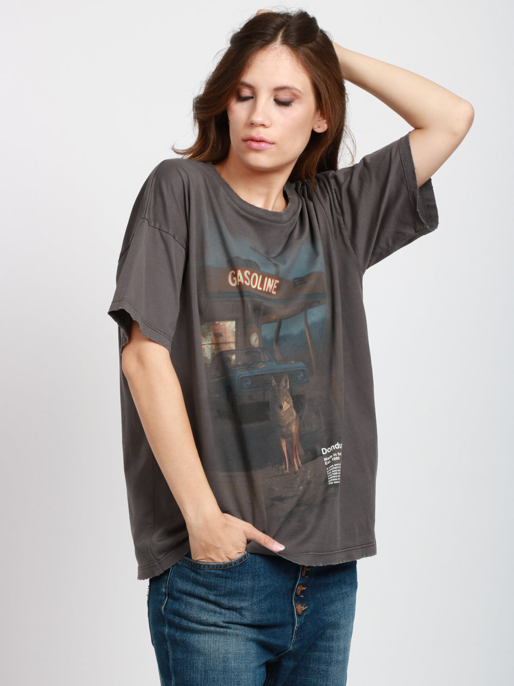 DONDUP T-shirt in Cotone Grigia con Stampa Lupo Antracite