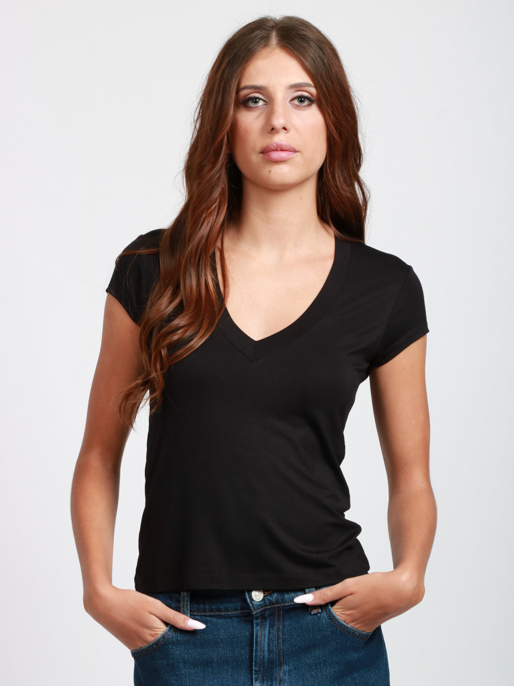DONDUP T-shirt Nera a Maniche Corte con Scollo a V Nero