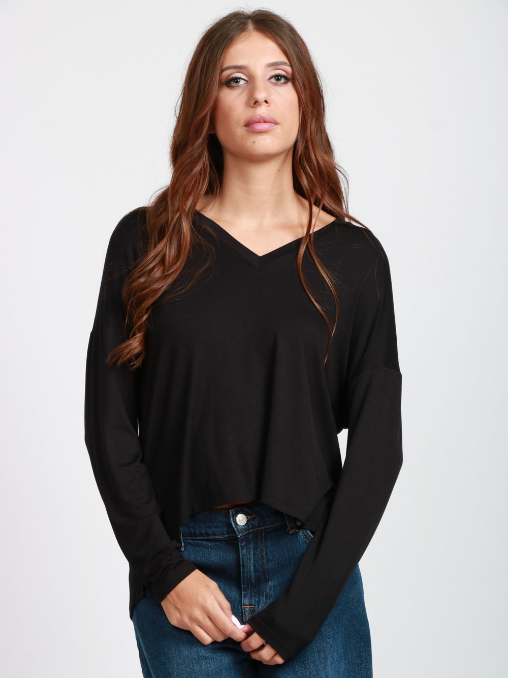 DONDUP T-shirt in Viscosa Nera con Scollo a V Nero