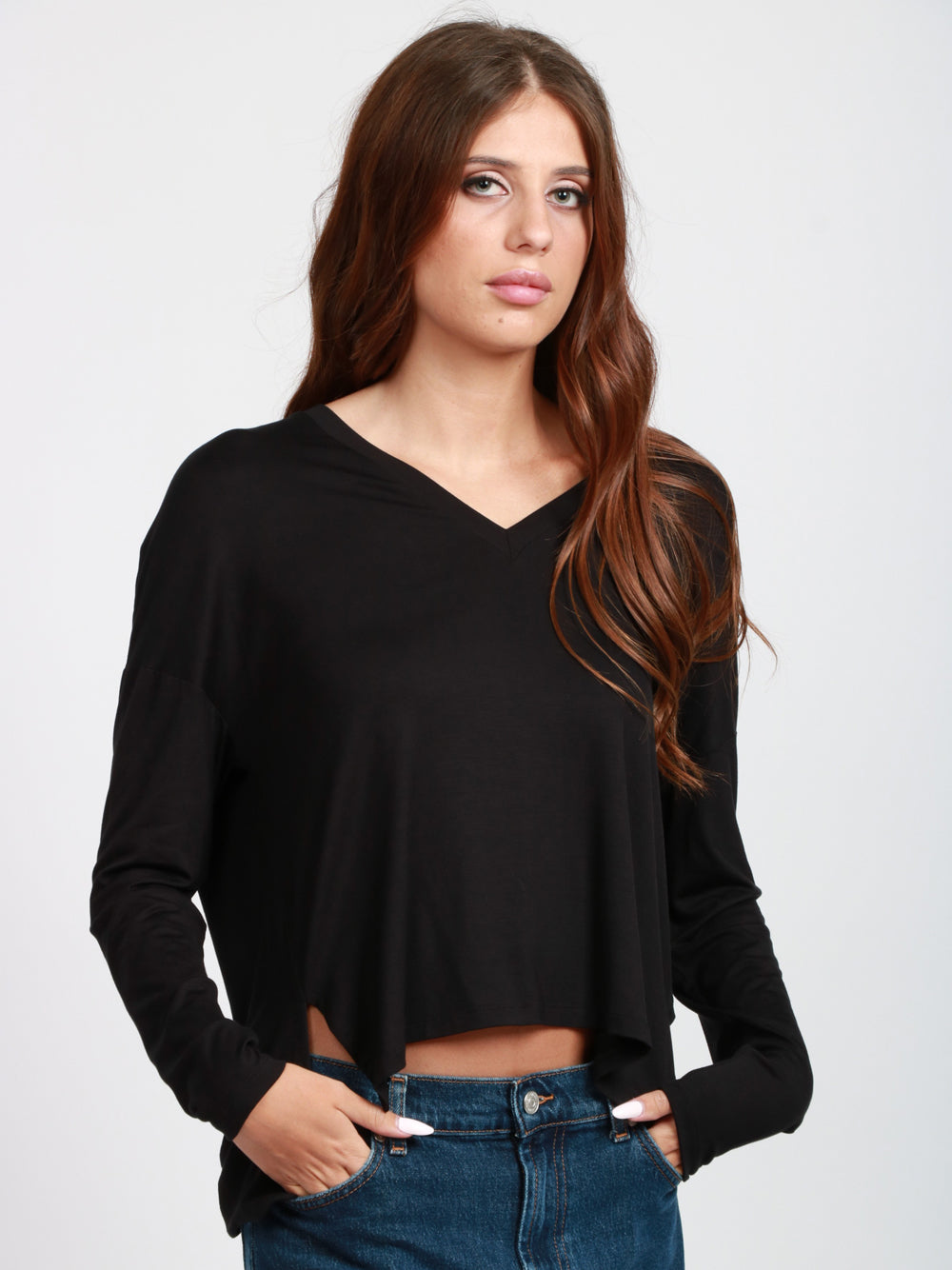 DONDUP T-shirt in Viscosa Nera con Scollo a V Nero