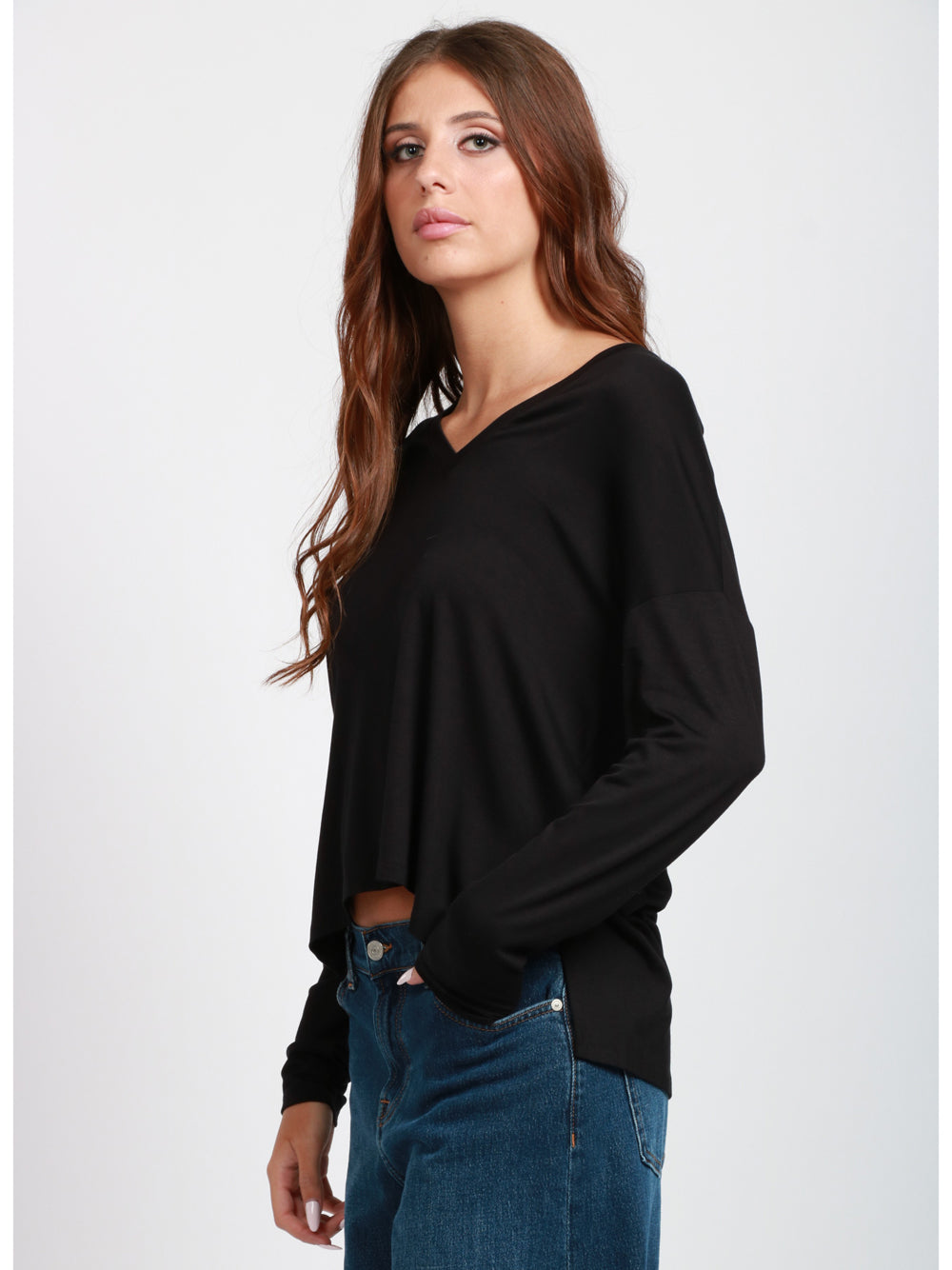 DONDUP T-shirt in Viscosa Nera con Scollo a V Nero
