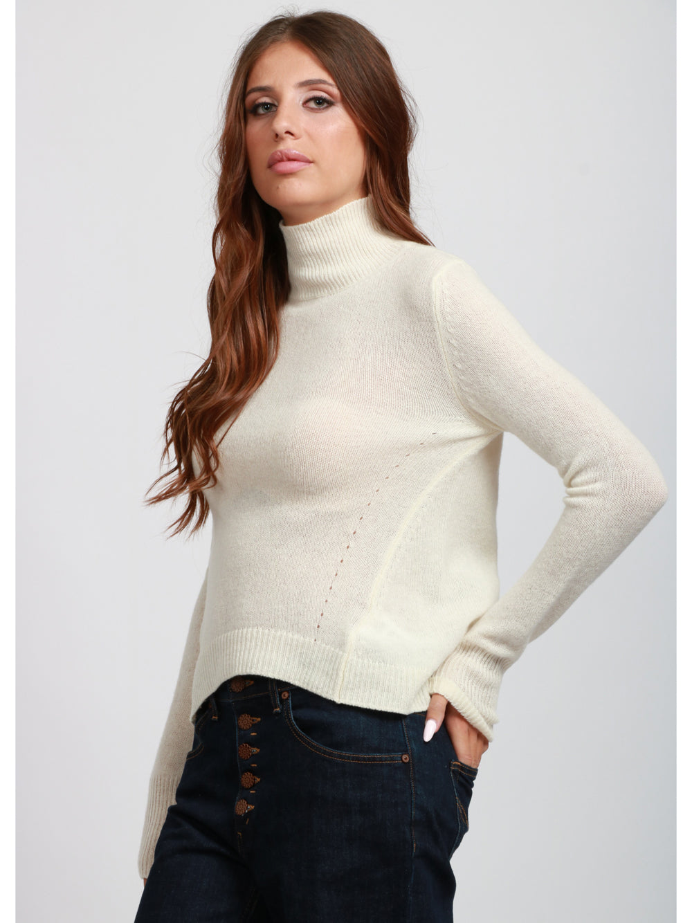 DONDUP Maglia in Misto Cashmere Panna con Collo Alto Panna